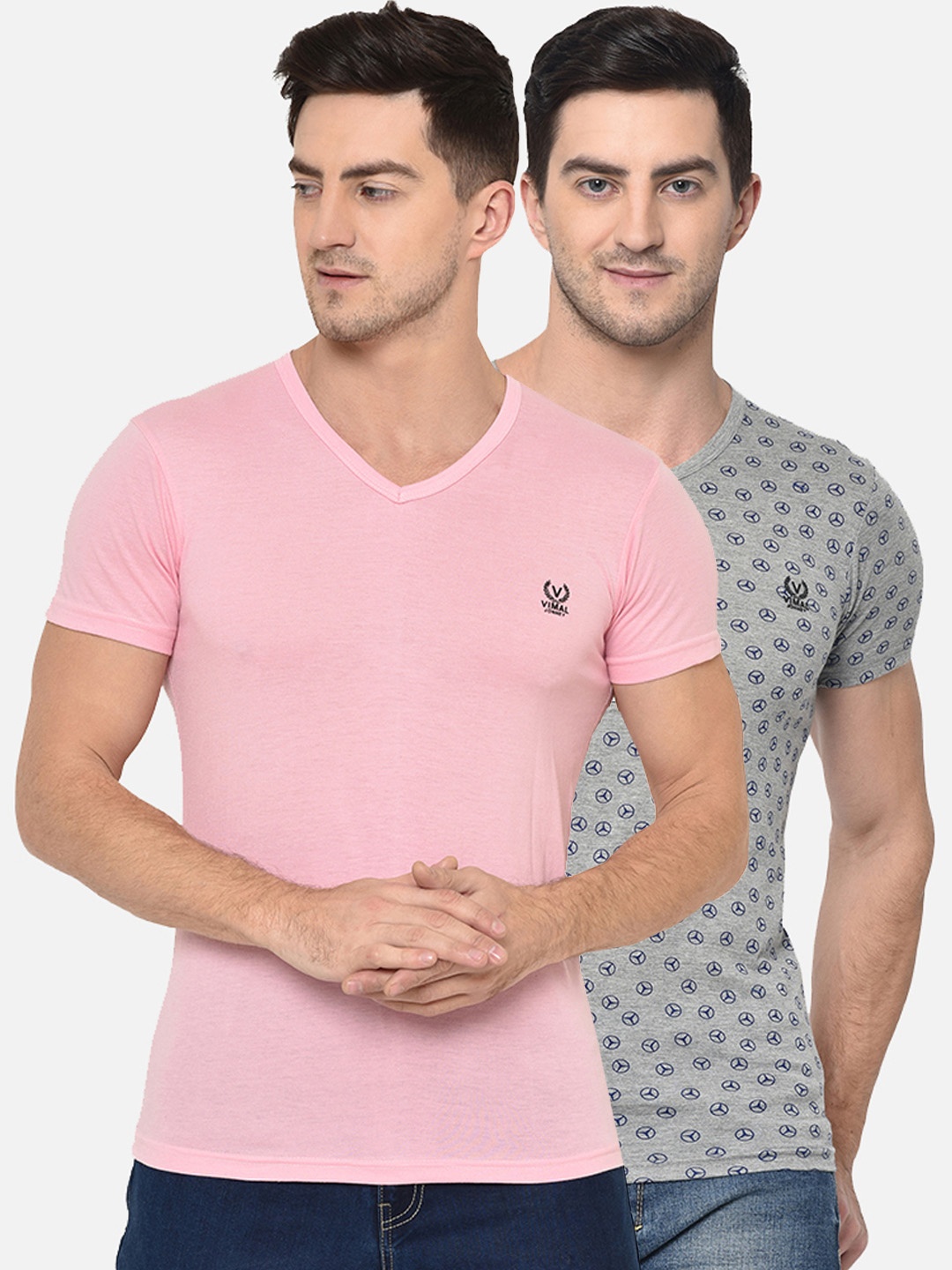 

VIMAL JONNEY Men Pack of 2 Solid Round Neck T-shirts, Pink