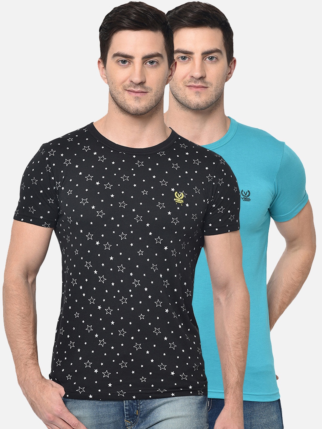 

VIMAL JONNEY Men Pack of 2 Printed Round Neck T-shirts, Black