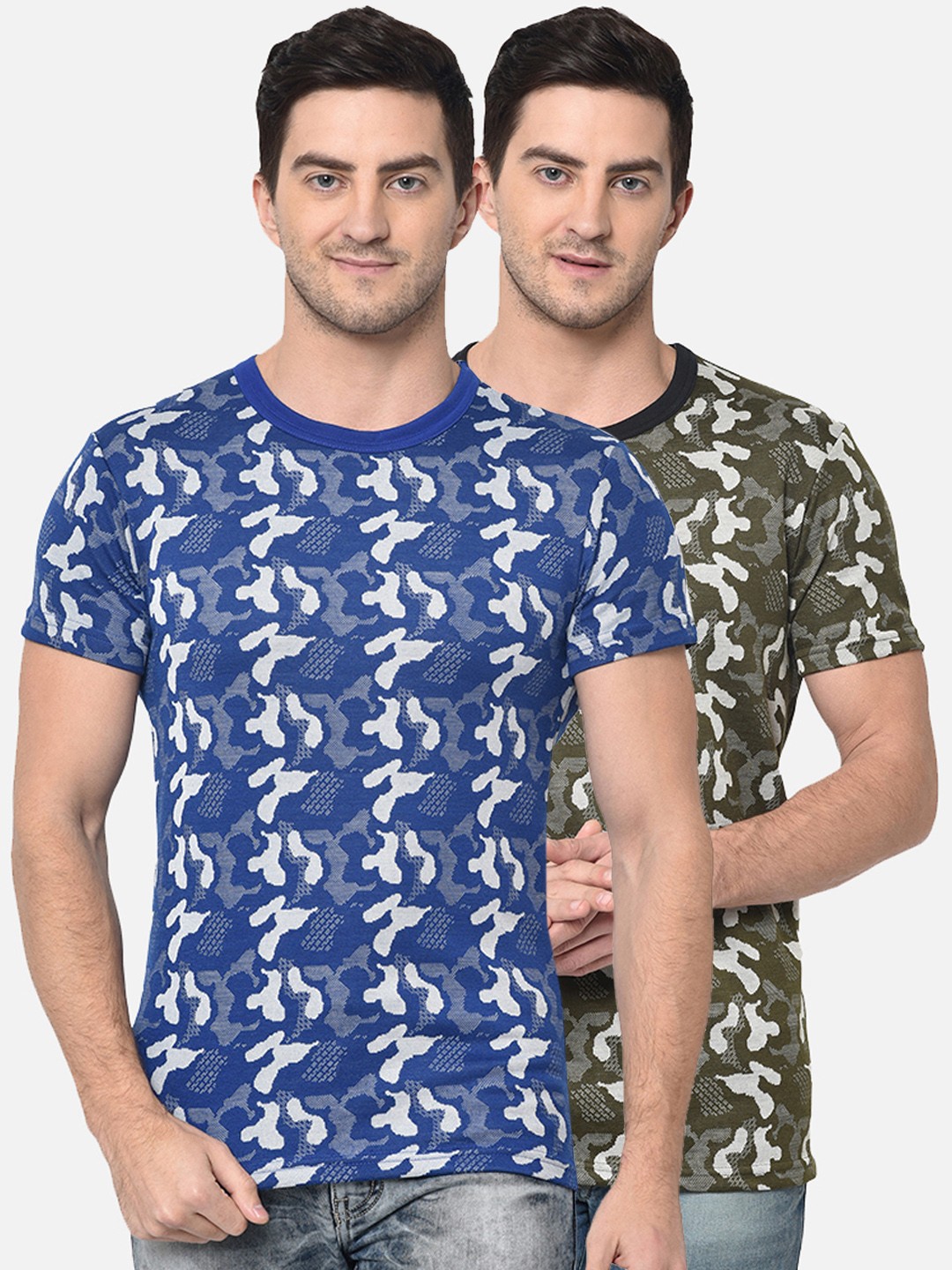 

VIMAL JONNEY Men Pack of 2 Camouflage Printed Round Neck T-shirts, Blue