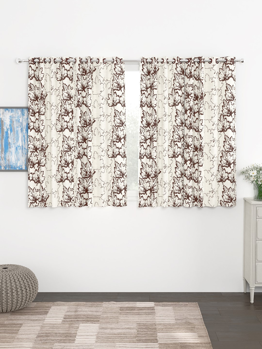 

Story@home Coffee Brown & White Set of 4 300GSM Semi Blackout Jacquard Eyelet Ringtop Window Curtains