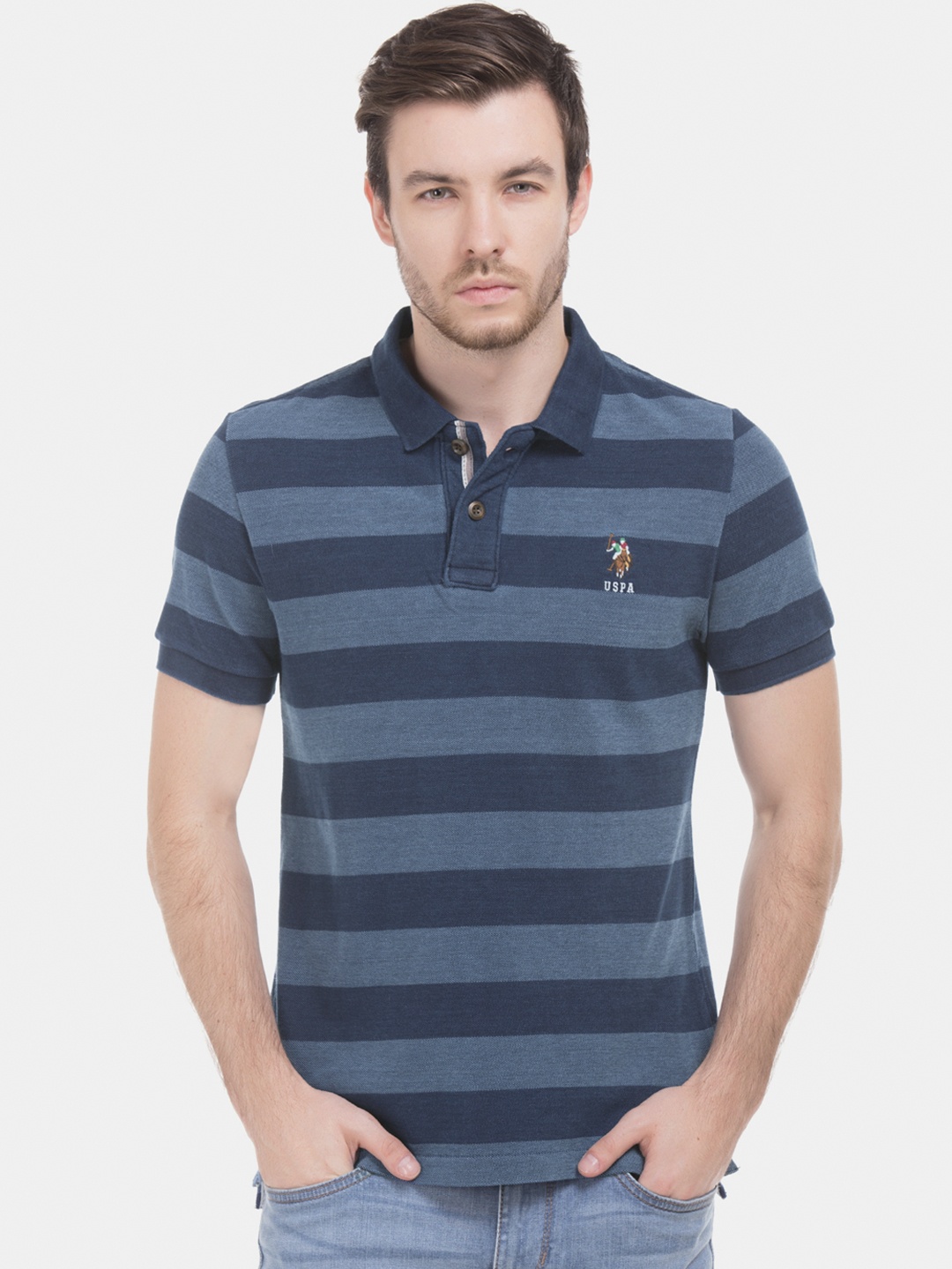 

U.S. Polo Assn. Denim Co. Men Blue Striped Polo Collar Pure Cotton T-shirt