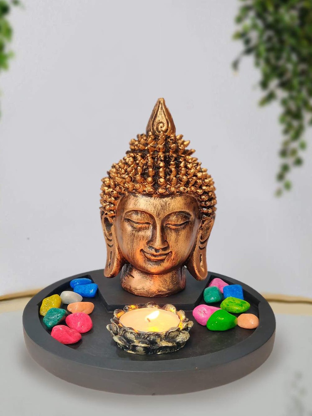 

CraftVatika Gold-Toned & Black Buddha Tealight Candle Holder On Wooden Tray Showpiece