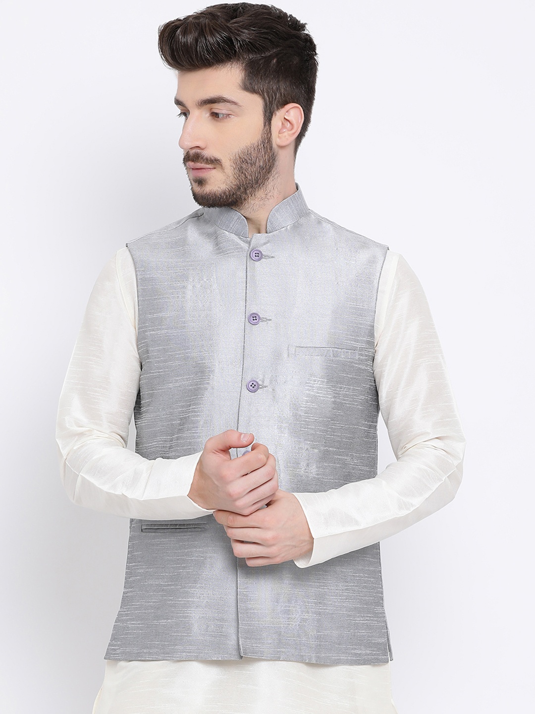 

NAMASKAR Men Silver-Coloured Solid Woven Nehru Jacket