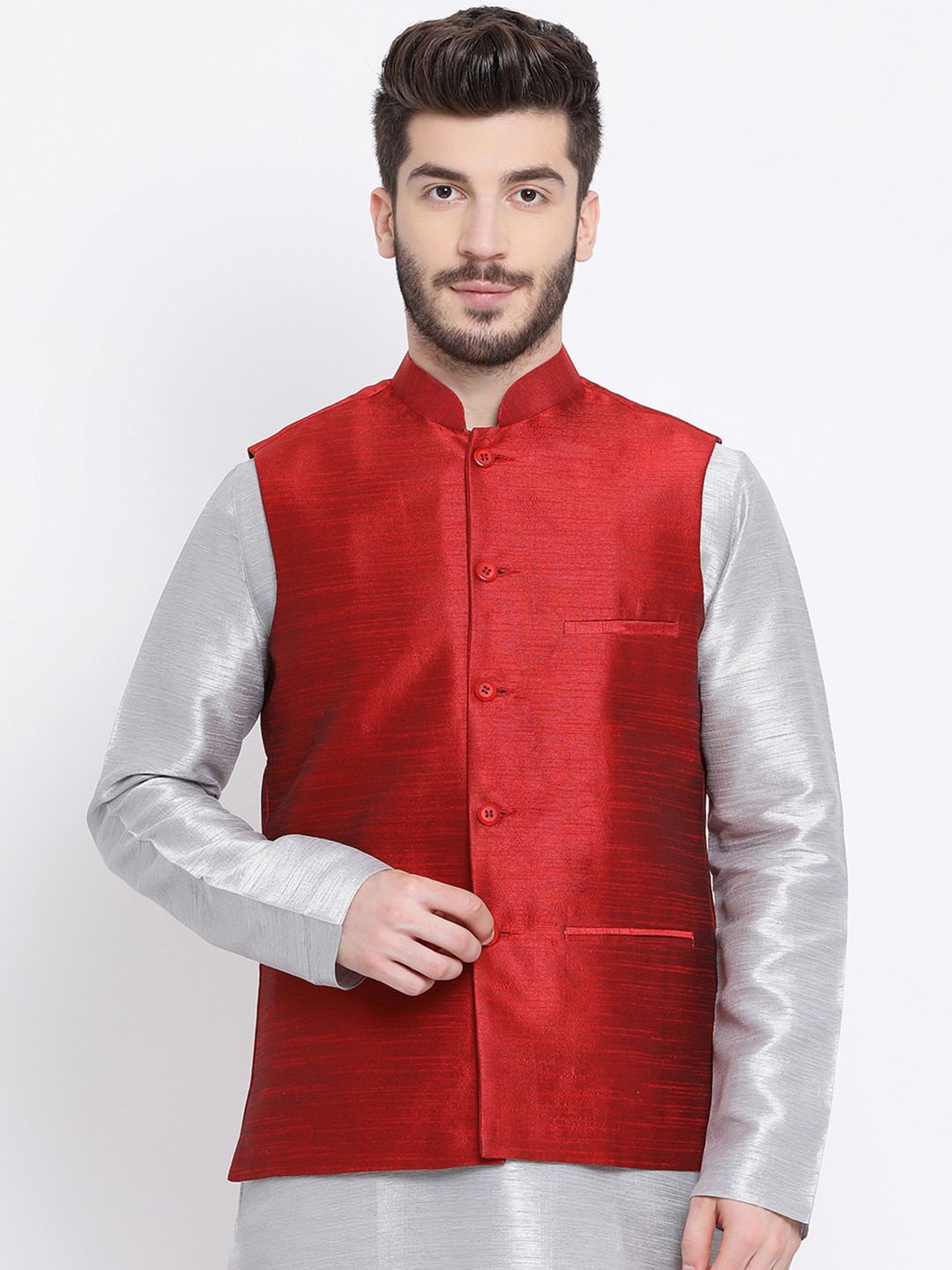 

NAMASKAR Men Maroon Solid Woven Nehru Jacket