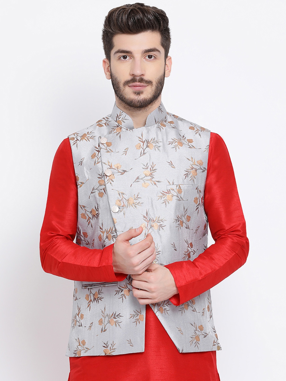 

NAMASKAR Men Silver-Coloured & Beige Printed Pure Silk Nehru Jacket