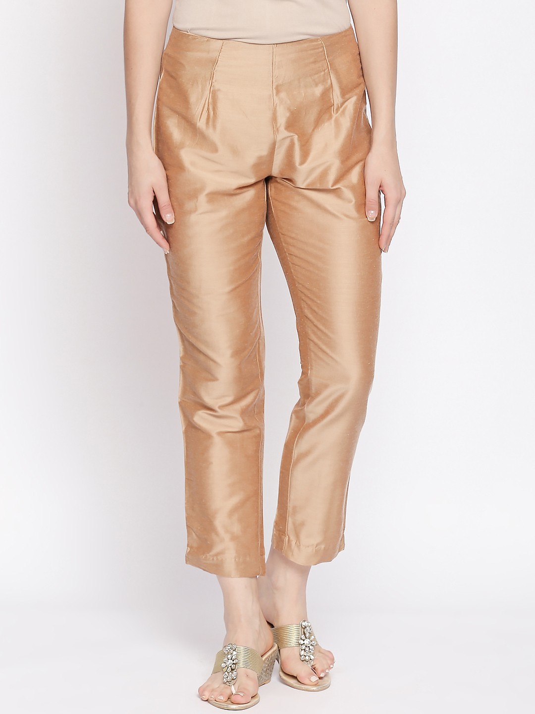 

RANGMANCH BY PANTALOONS Women Gold-Toned Slim Fit Solid Regular Cropped Trousers
