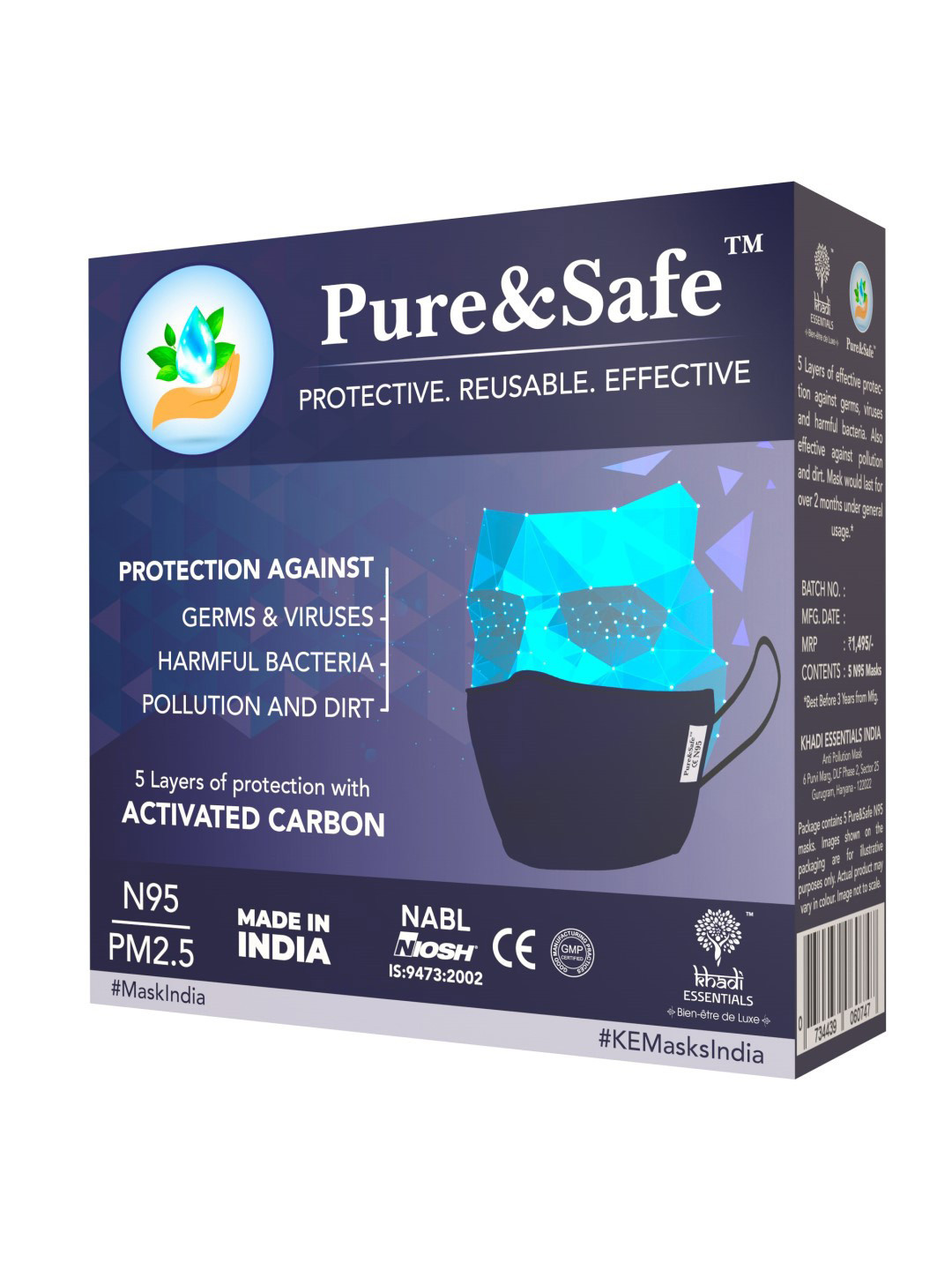 

Khadi Essentials N95 5 Layer Mask with Carbon Filter Reusable Washable Anti Pollution Mask, Black