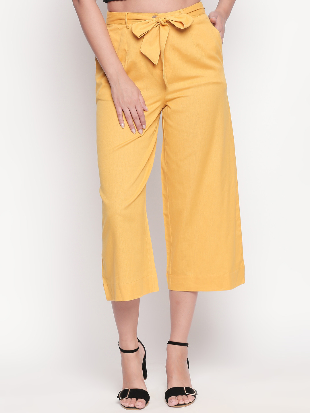 

AKKRITI BY PANTALOONS Women Mustard Yellow Regular Fit Solid Parallel Trousers