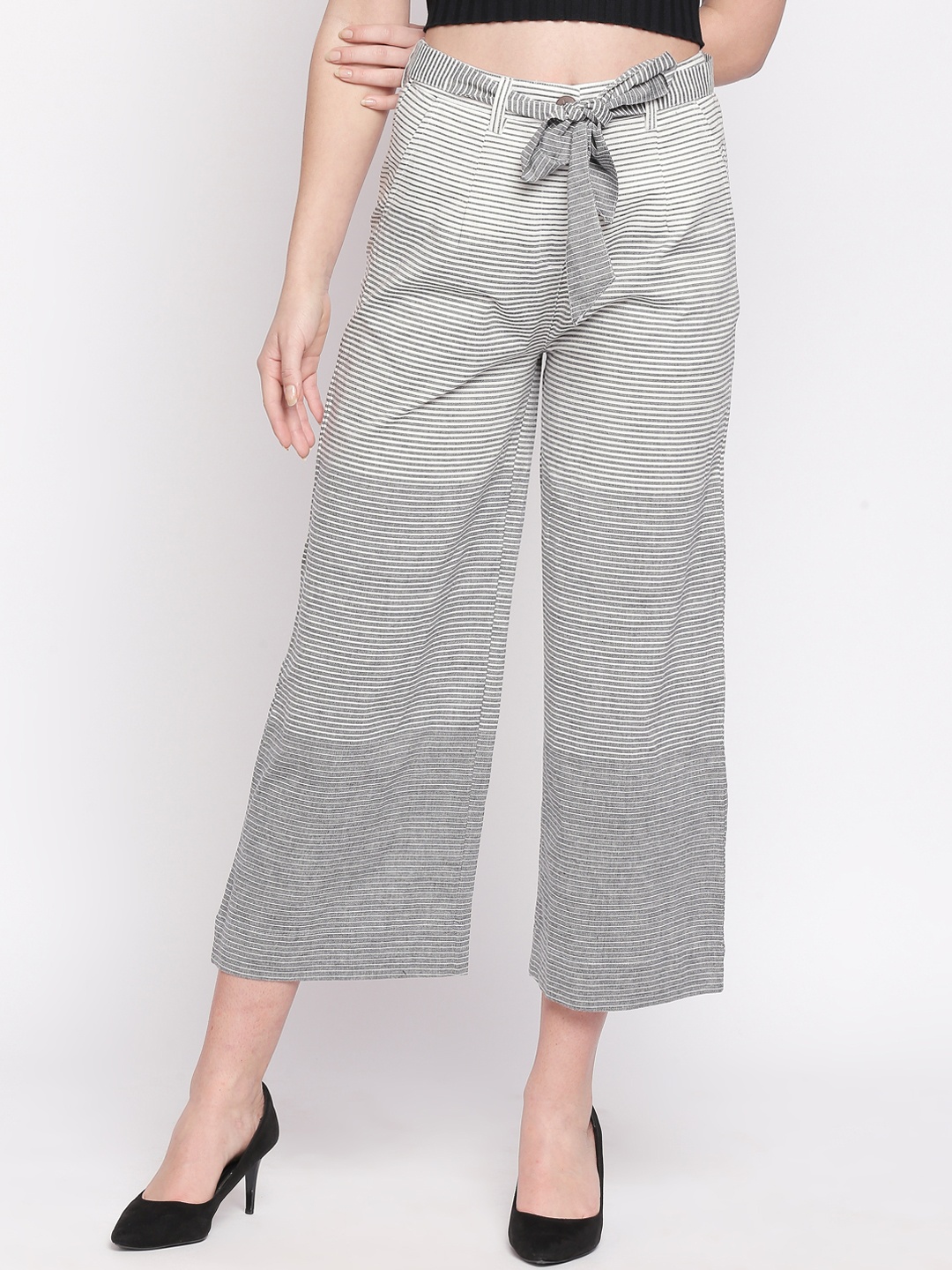 

AKKRITI BY PANTALOONS Women White & Grey Regular Fit Striped Parallel Trousers