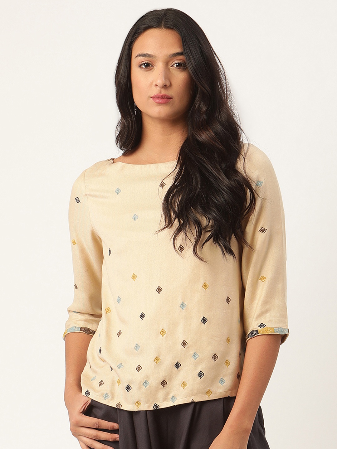 

ROOTED Women Beige Printed Top