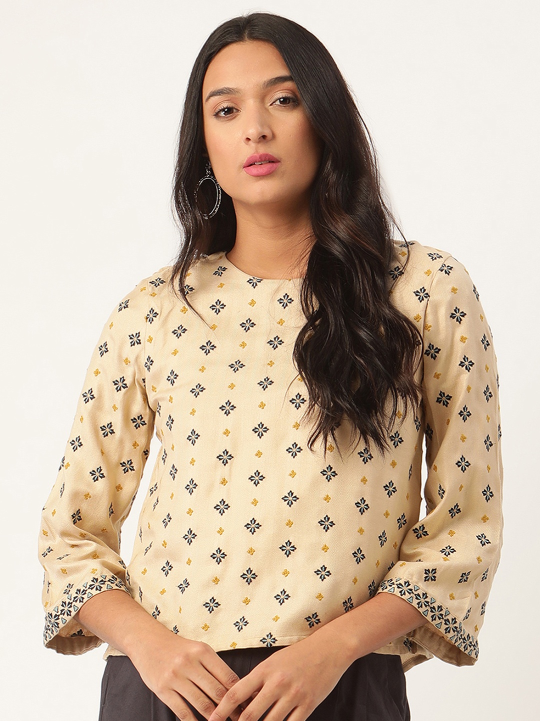 

ROOTED Women Beige Printed Top
