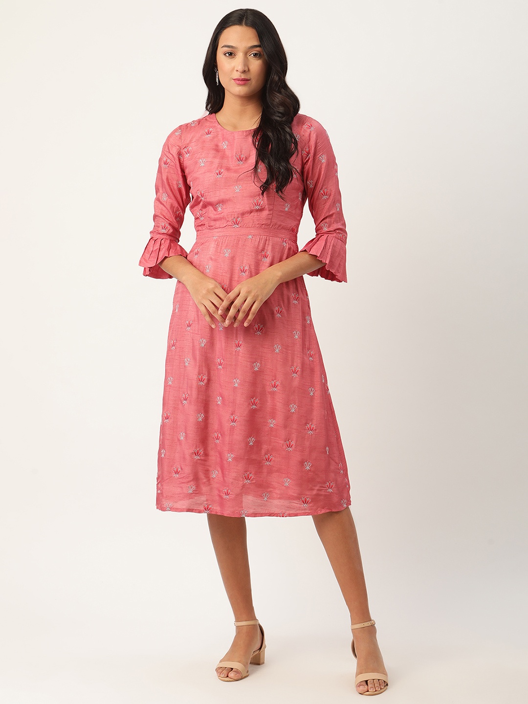 

ROOTED Women Pink Embroidered Fit and Flare Dress