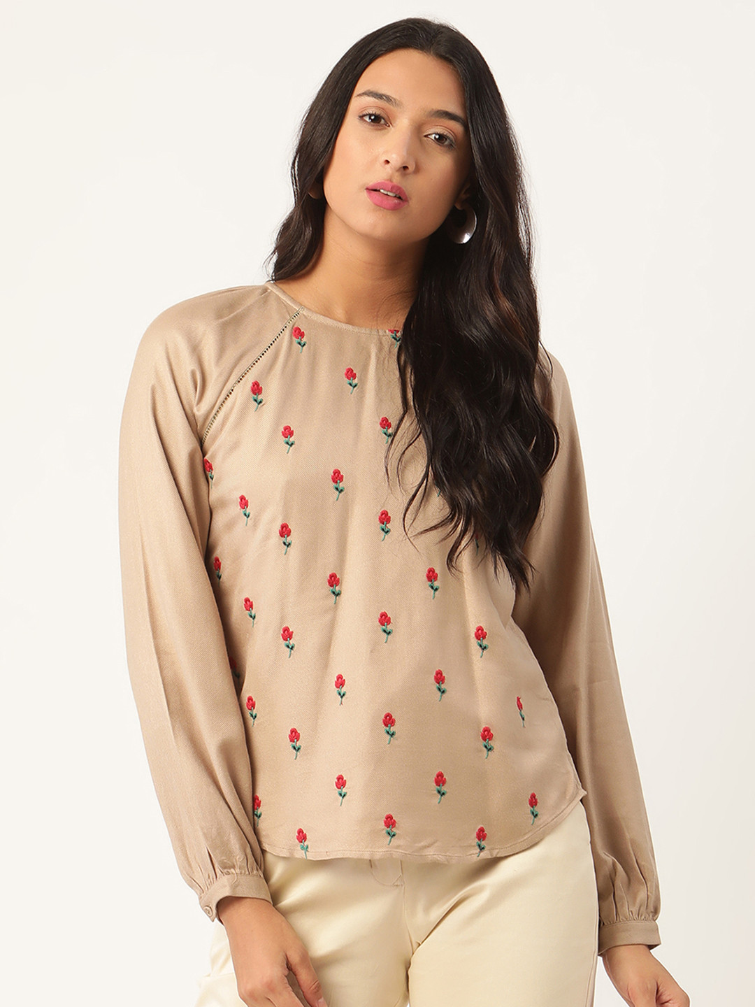 

ROOTED Women Beige Embroidered Bishop Sleeve Top