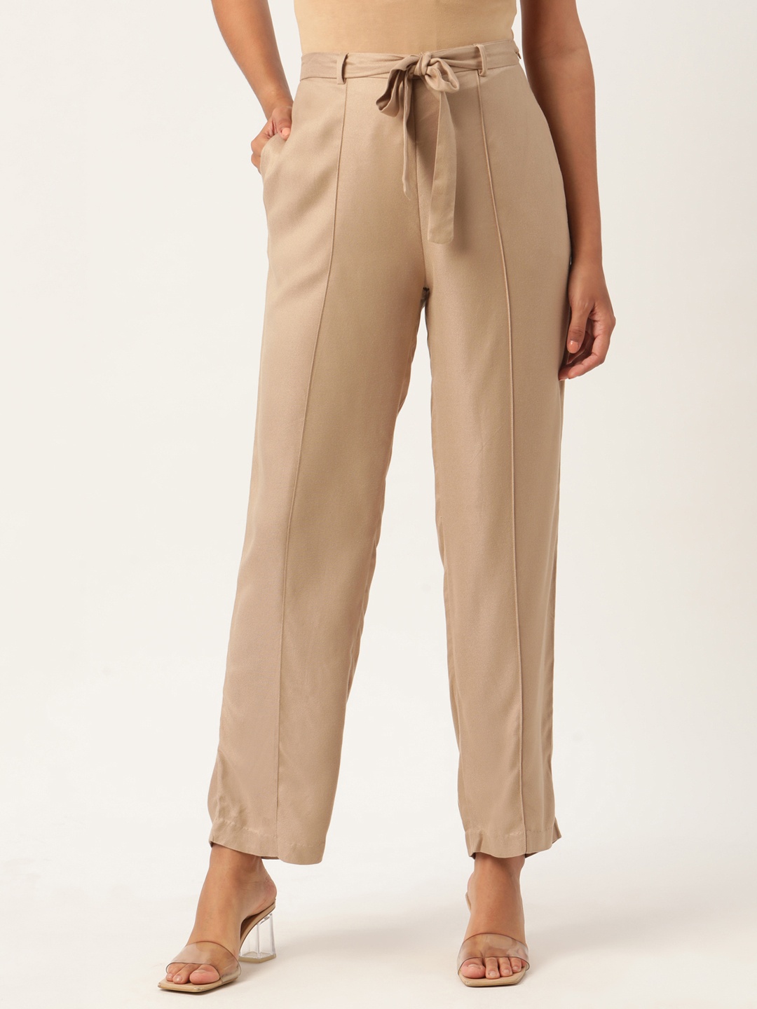 

ROOTED Women Beige Regular Fit Solid Parallel Trousers