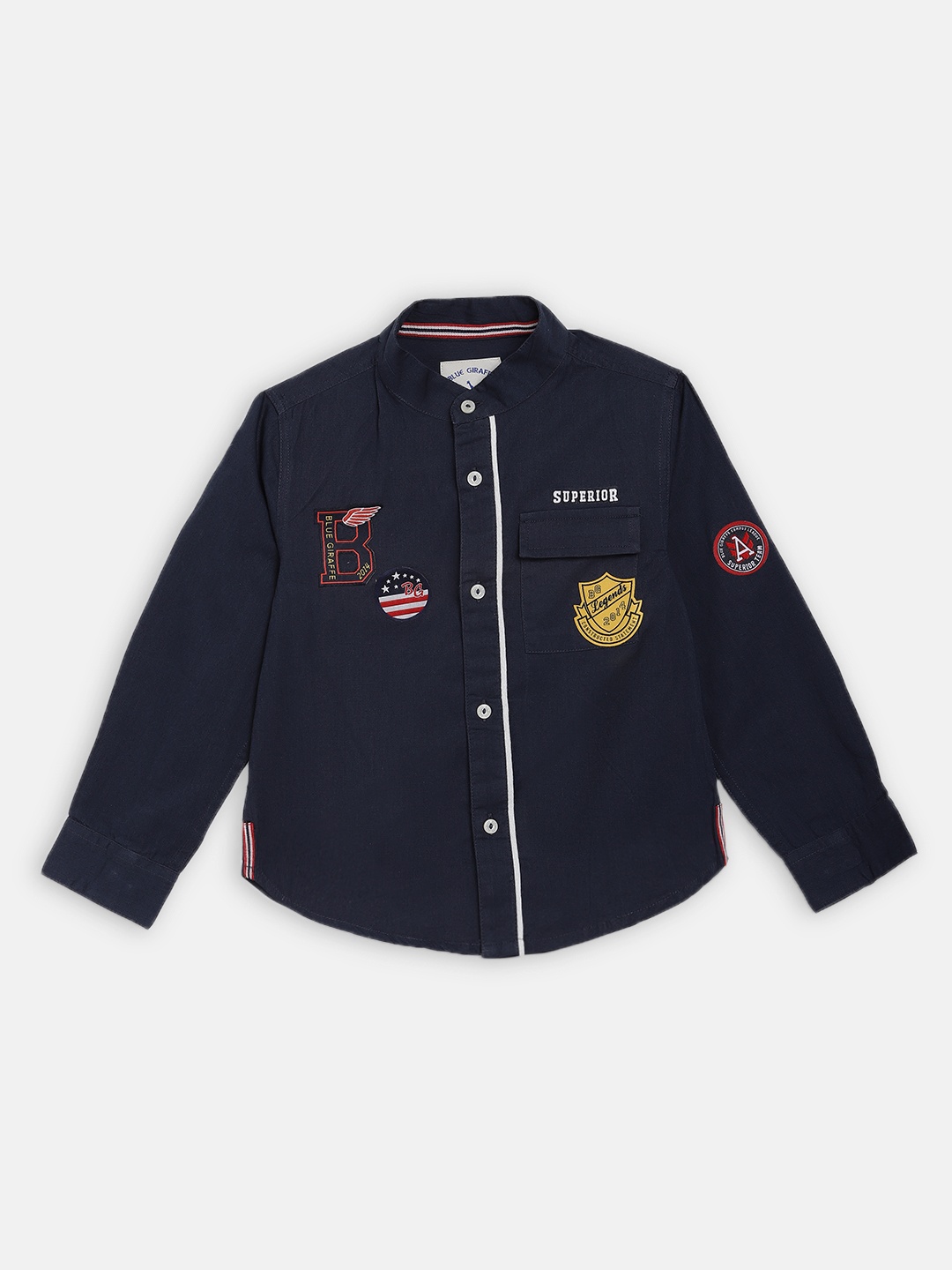 

Blue Giraffe Boys Navy Blue Regular Fit Solid Applique Casual Shirt
