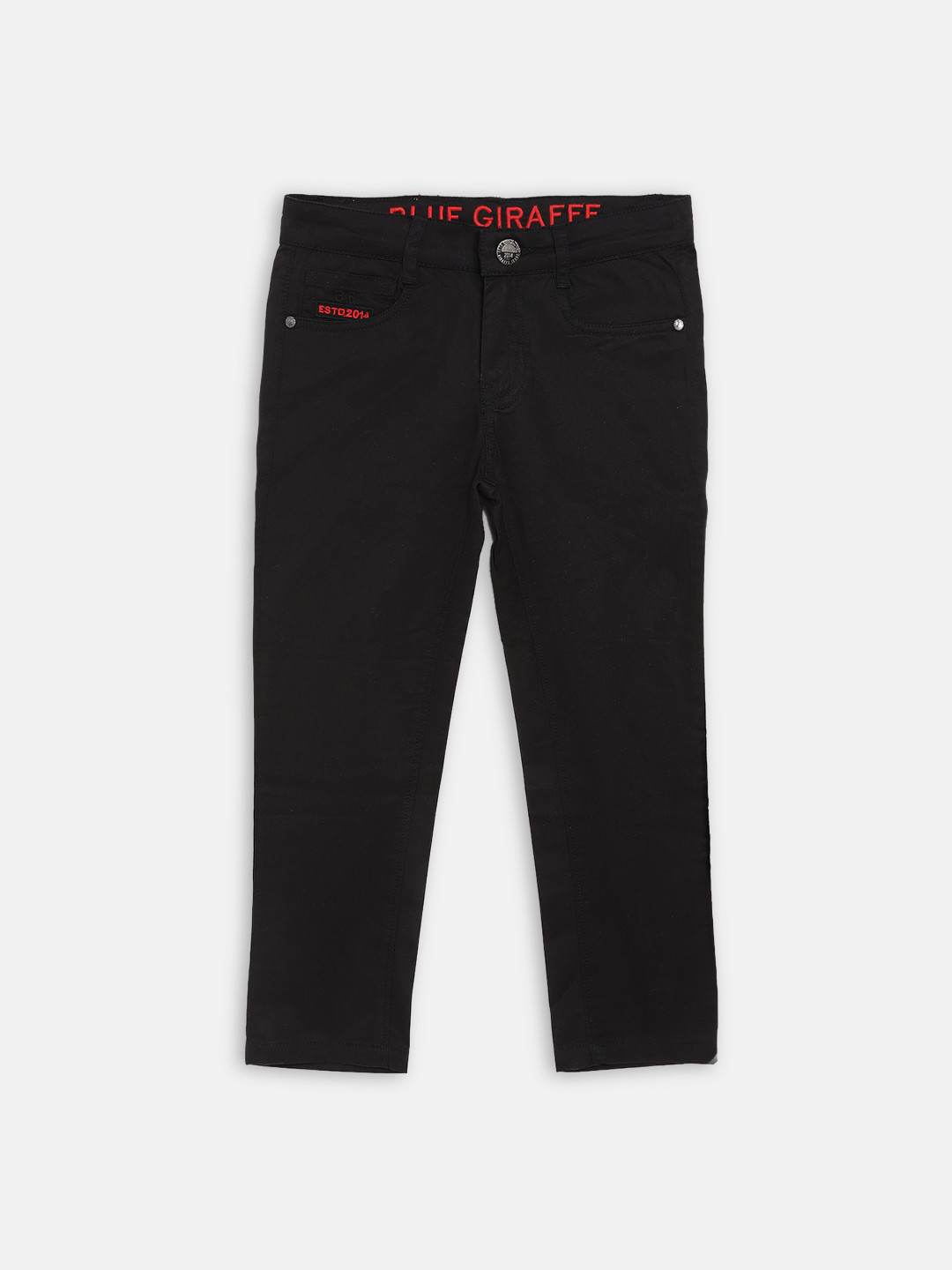 

Blue Giraffe Boys Black Regular Fit Solid Regular Trousers
