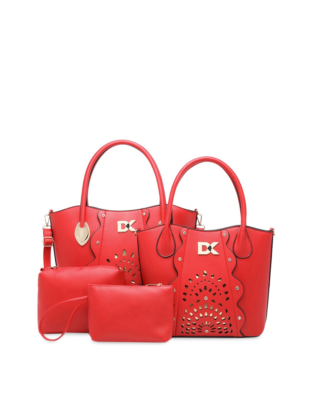 

Diana Korr Set of 2 Red Cut Work Designed Handheld Bags & 1 Red Solid Sling Bag
