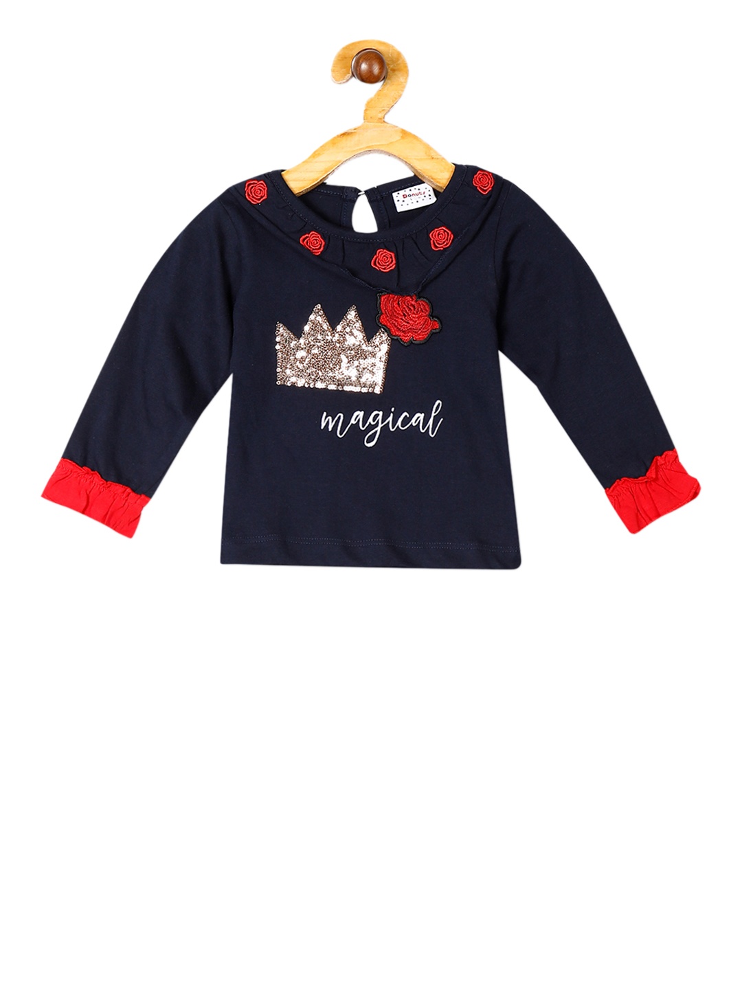 

Donuts Girls Navy Blue Embellished Pure Cotton Top