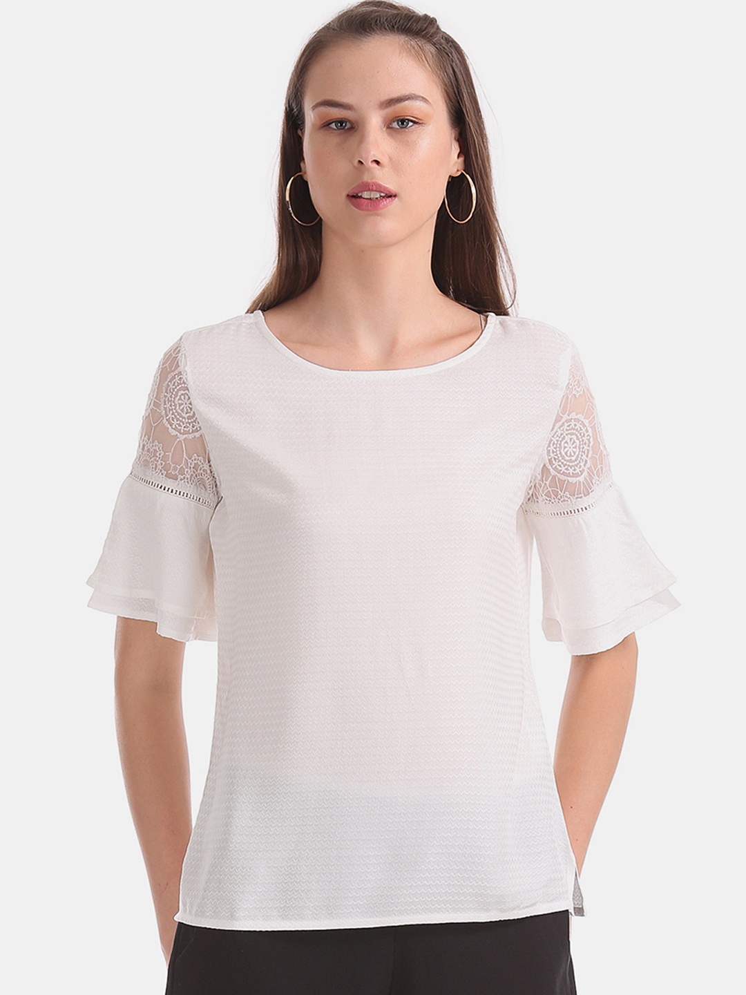 

Cherokee Women White Self Design Top With Lace Detail