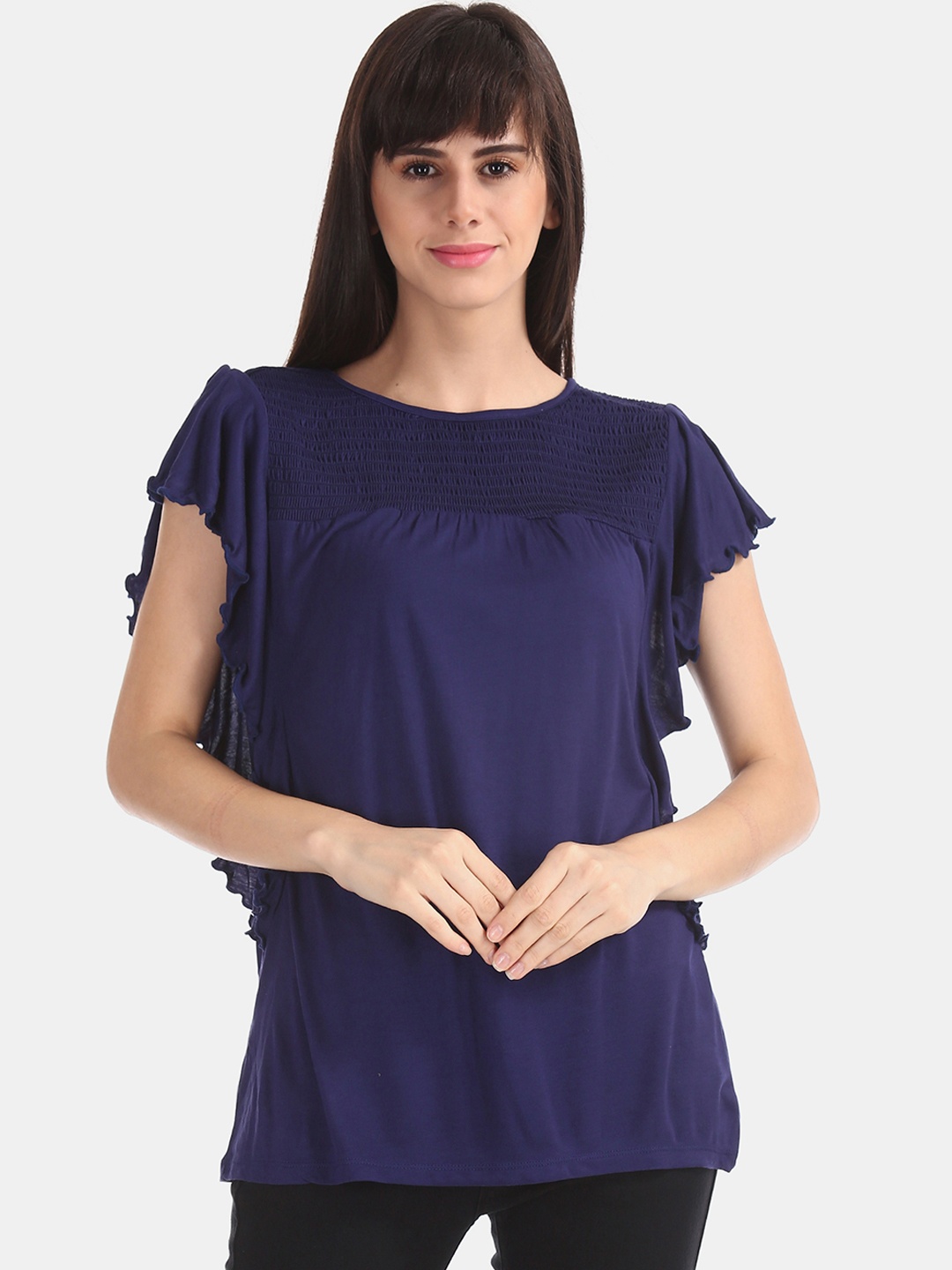 

Cherokee Women Navy Blue Solid Flutter Sleeve Top With Smoking Detail