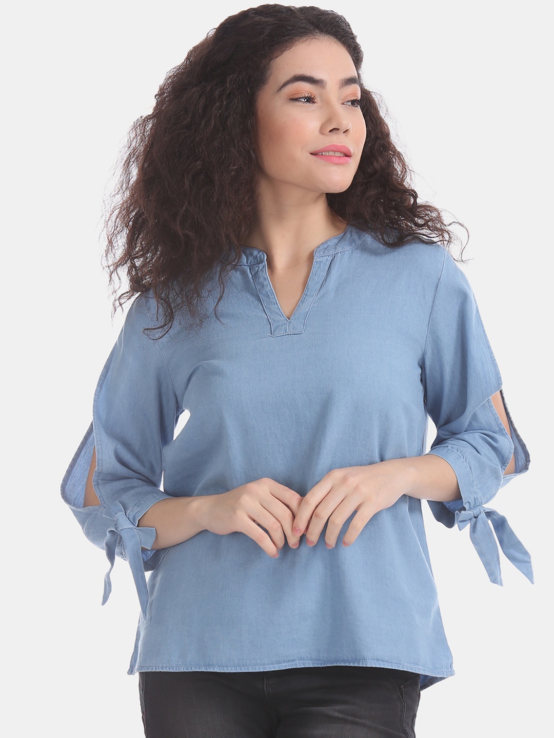 

Cherokee Women Blue Solid A-Line Slit Sleeve Pure Cotton Top