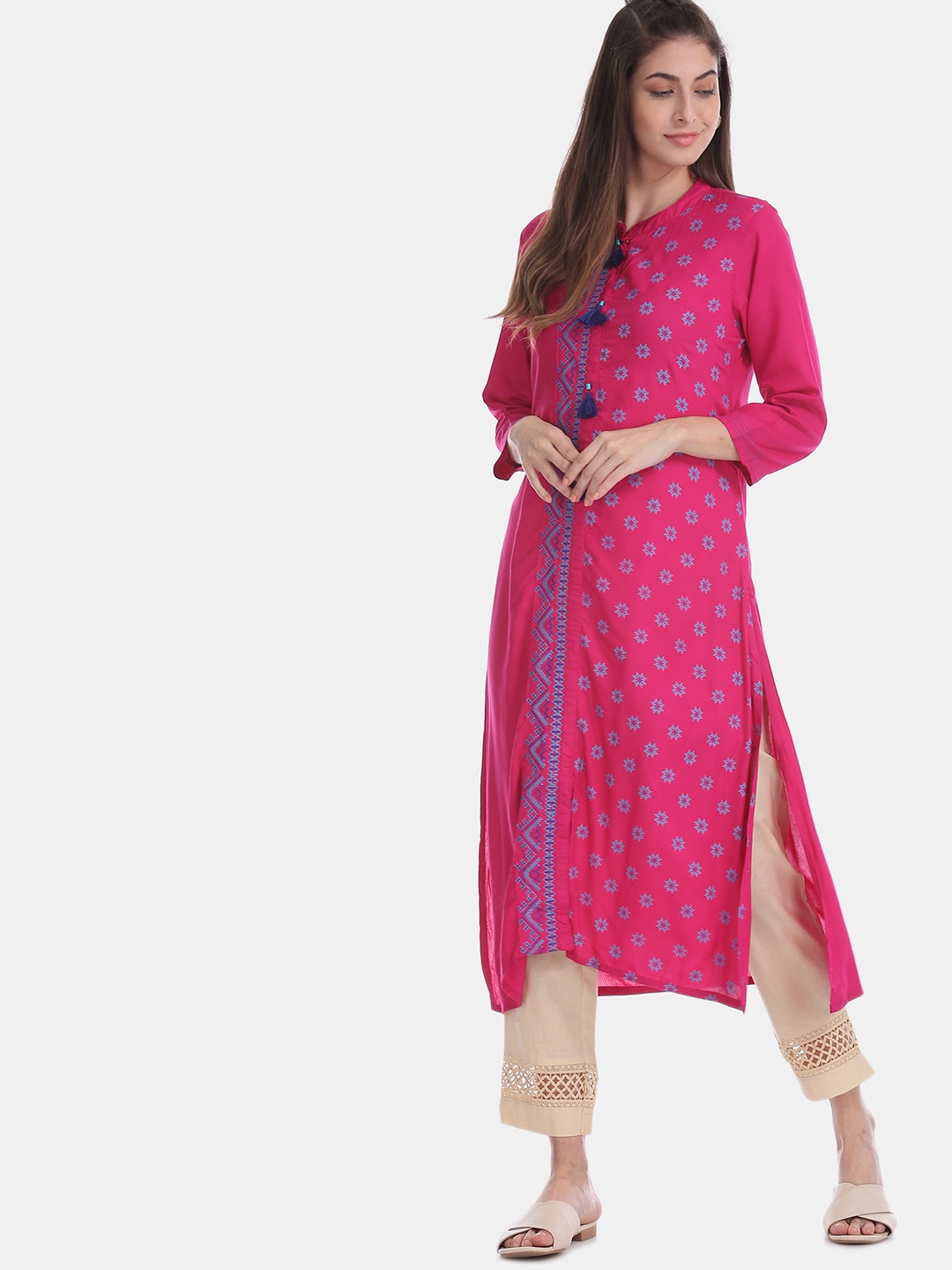 

Anahi Women Pink & Blue Printed Straight Kurta
