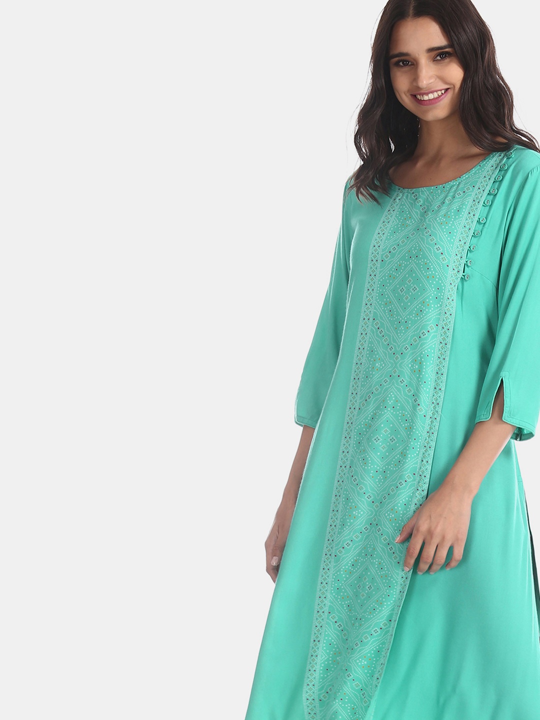 

Anahi Women Green & White Printed Straight Layered Kurta