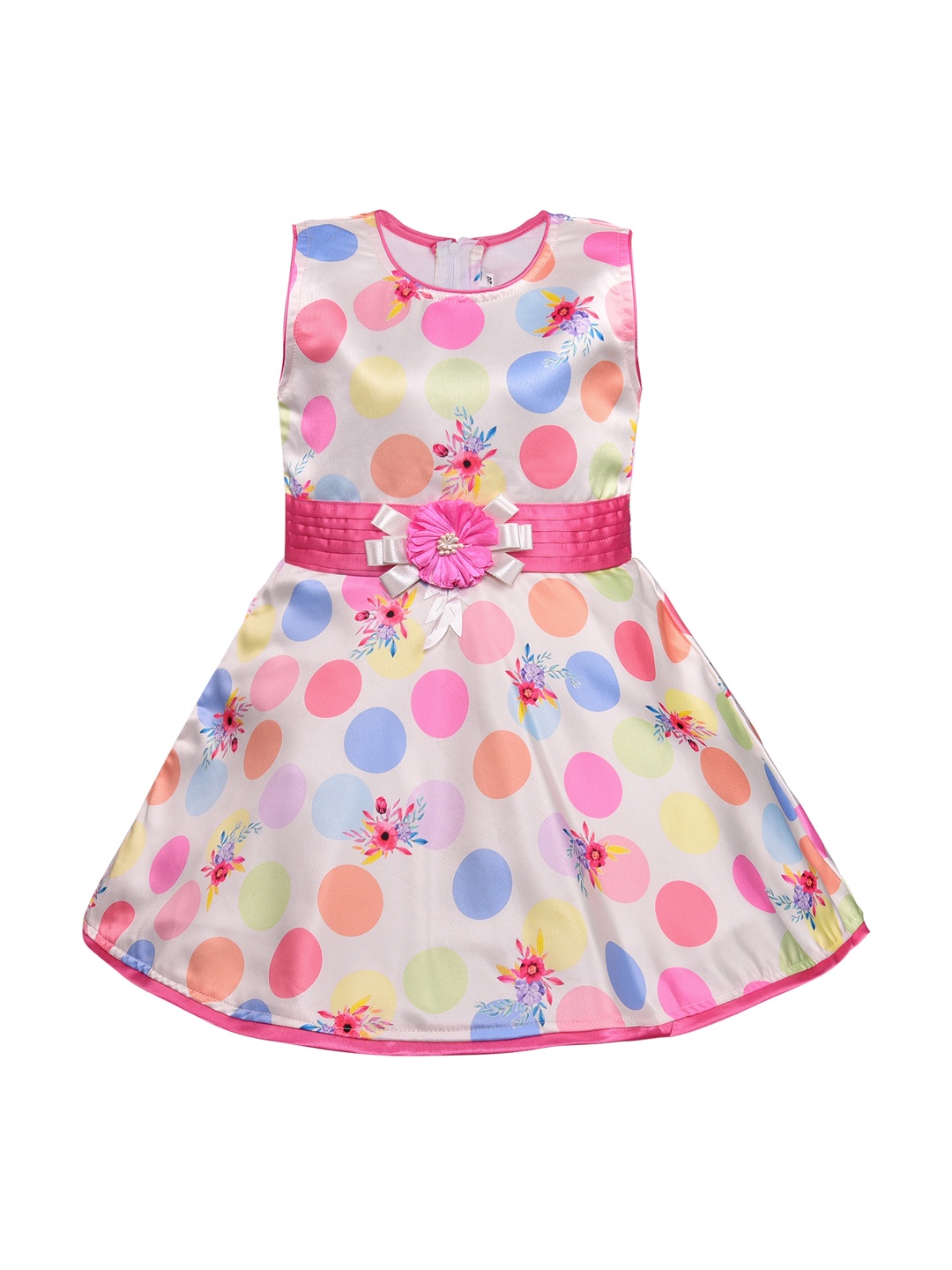 

Wish Karo Girls White & Pink Polka Dots Printed Silk Satin Finish Fit and Flare Dress