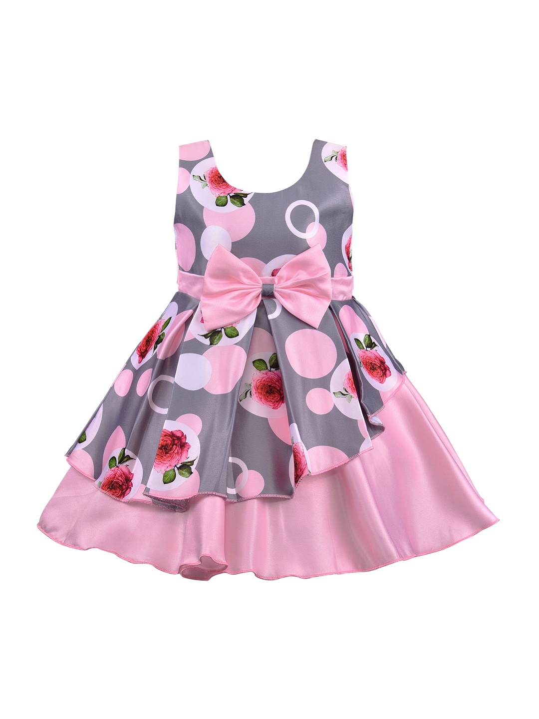 

Wish Karo Girls Pink & Grey Floral Printed Silk Satin Finish Layered Fit and Flare Dress