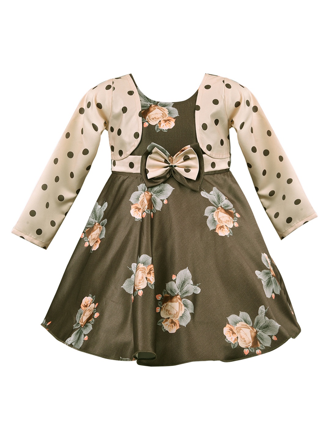 

Wish Karo Girls Olive Green & Beige Floral Printed Silk Satin Finish Fit and Flare Dress