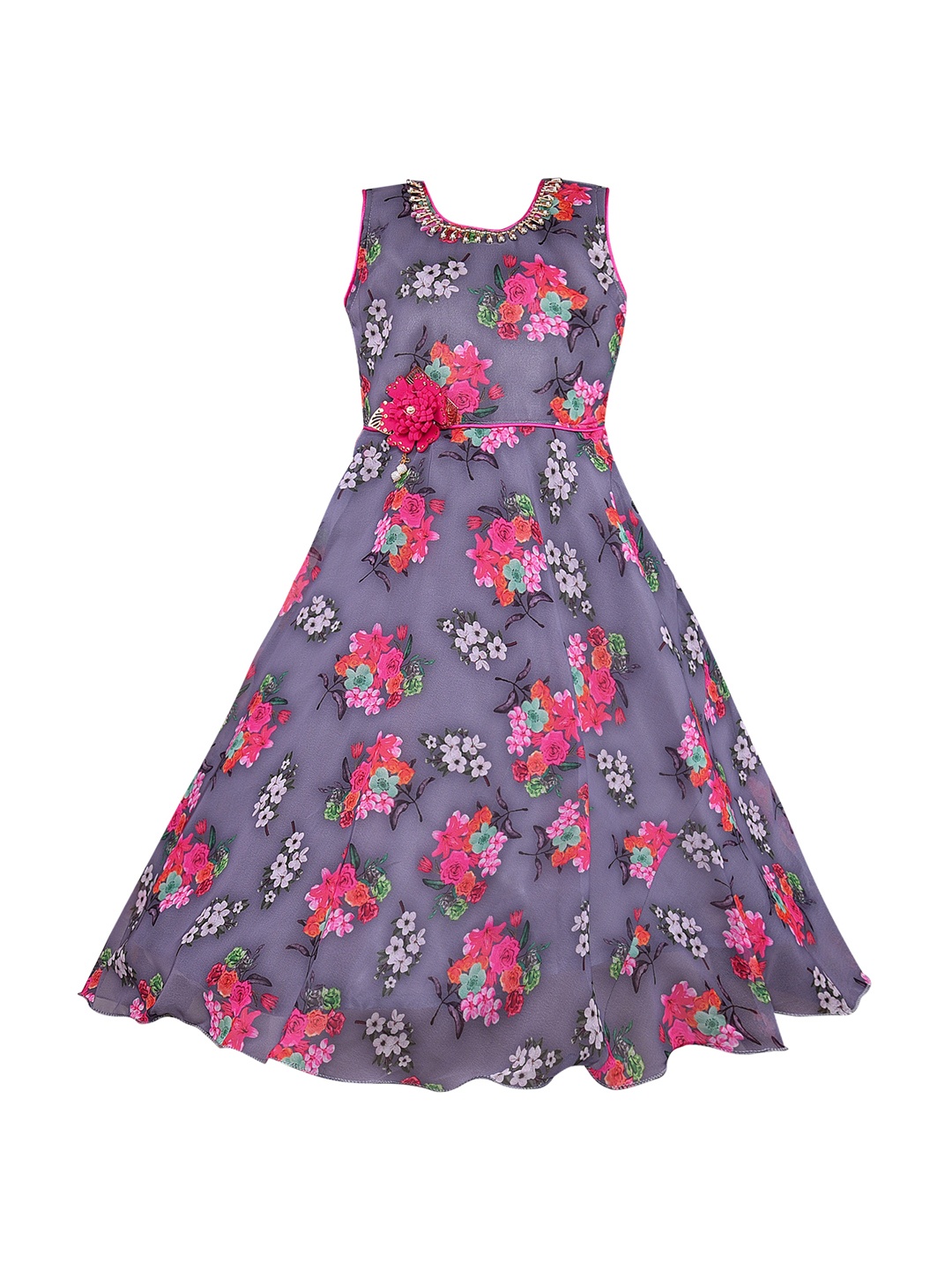 

Wish Karo Girls Grey & Pink Floral Printed Maxi Dress