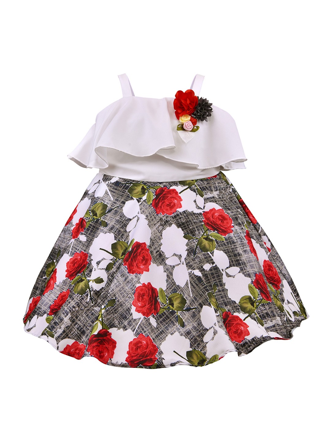 

Wish Karo Girls White & Charcoal Grey Floral Printed Silk Satin Finish Fit and Flare Dress