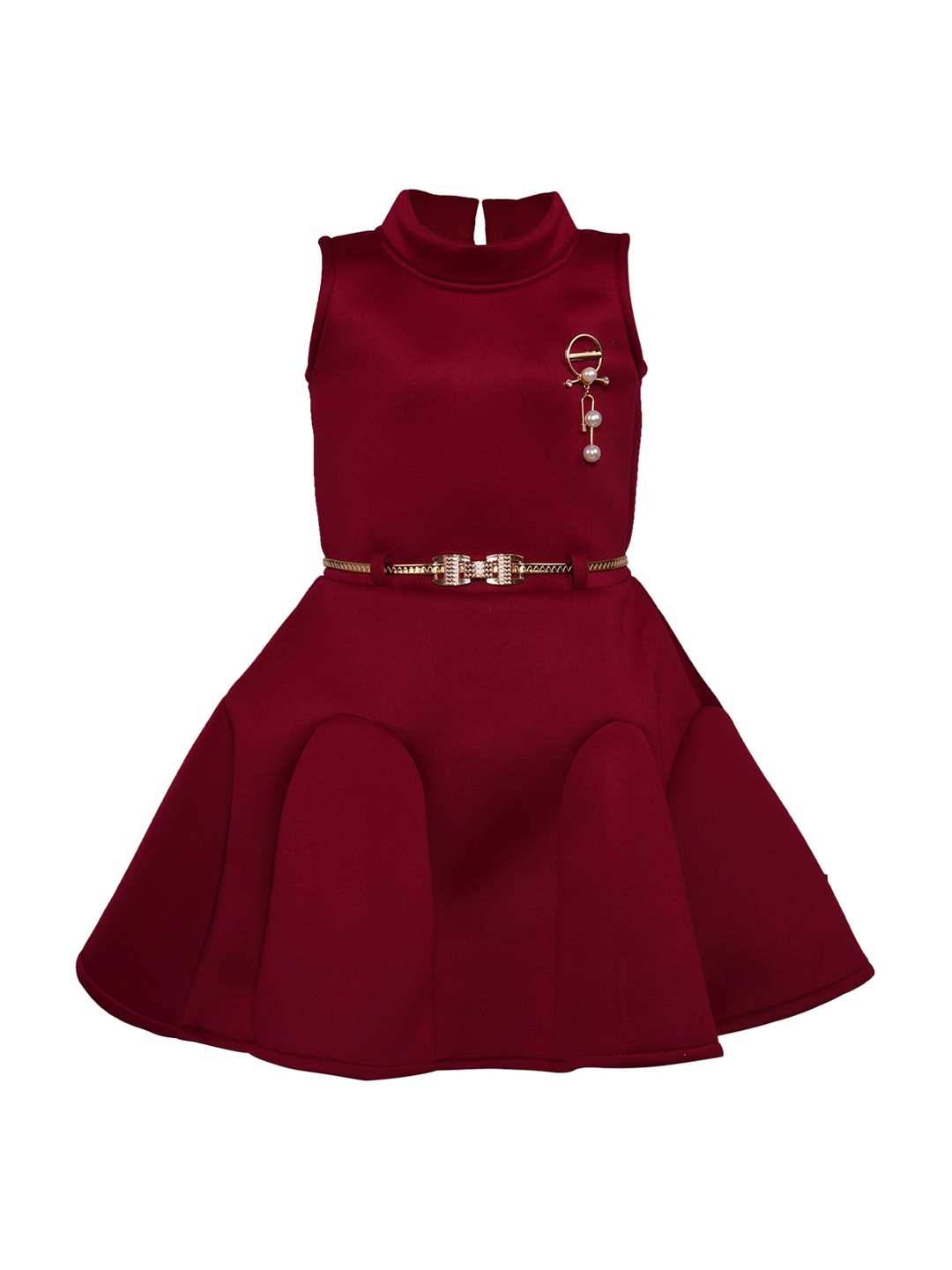 

Wish Karo Girls Maroon Solid Silk Fit and Flare Dress With Belt