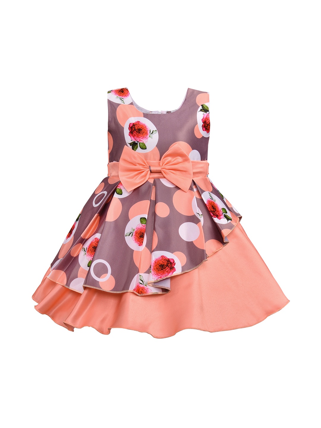 

Wish Karo Girls Peach-Coloured & Mauve Printed Silk Satin Finish Layered Fit & Flare Dress