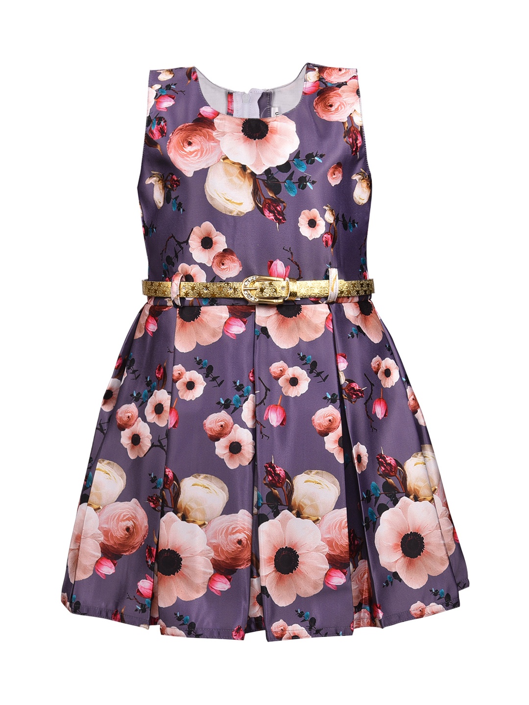 

Wish Karo Girls Purple & Peach-Coloured Floral Print Silk Satin A-Line Dress with Belt