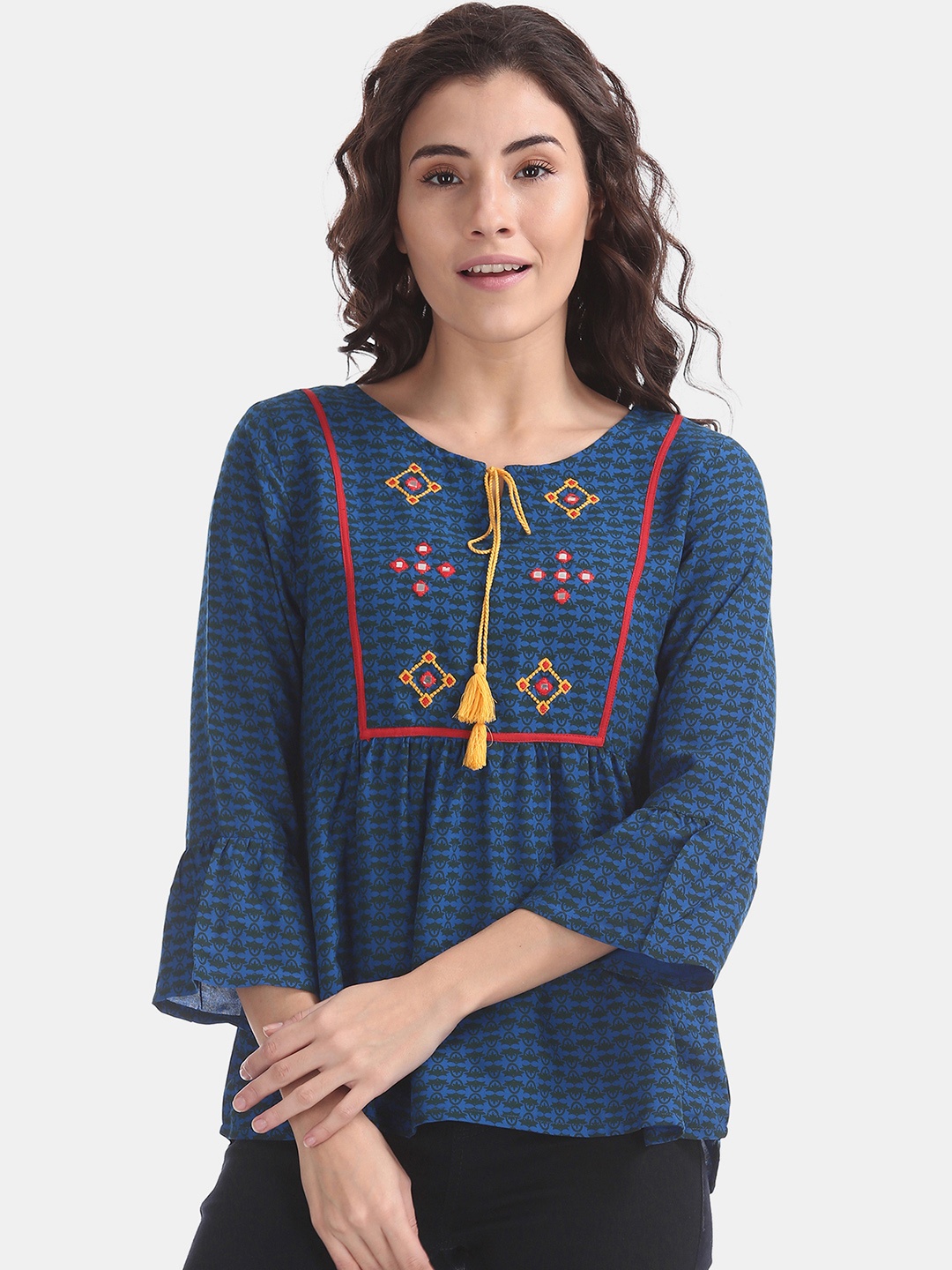 

Bronz Women Navy Blue & Black Printed A-Line Top
