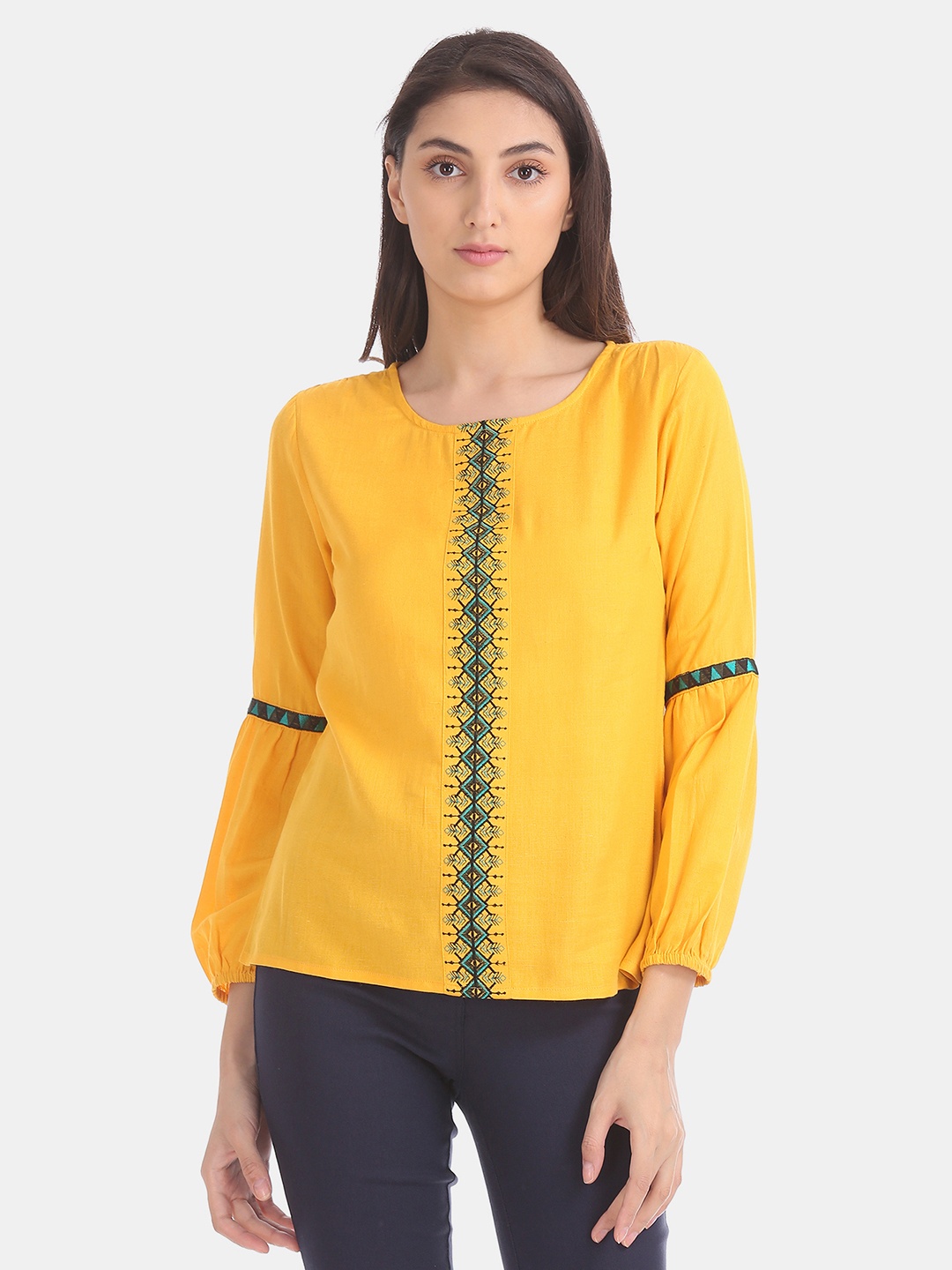 

Bronz Women Yellow Embroidered Detail Top