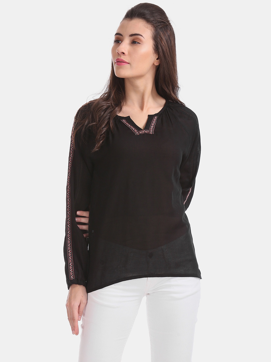 

Bronz Women Black Solid Sheer A-Line Pure Cotton Top