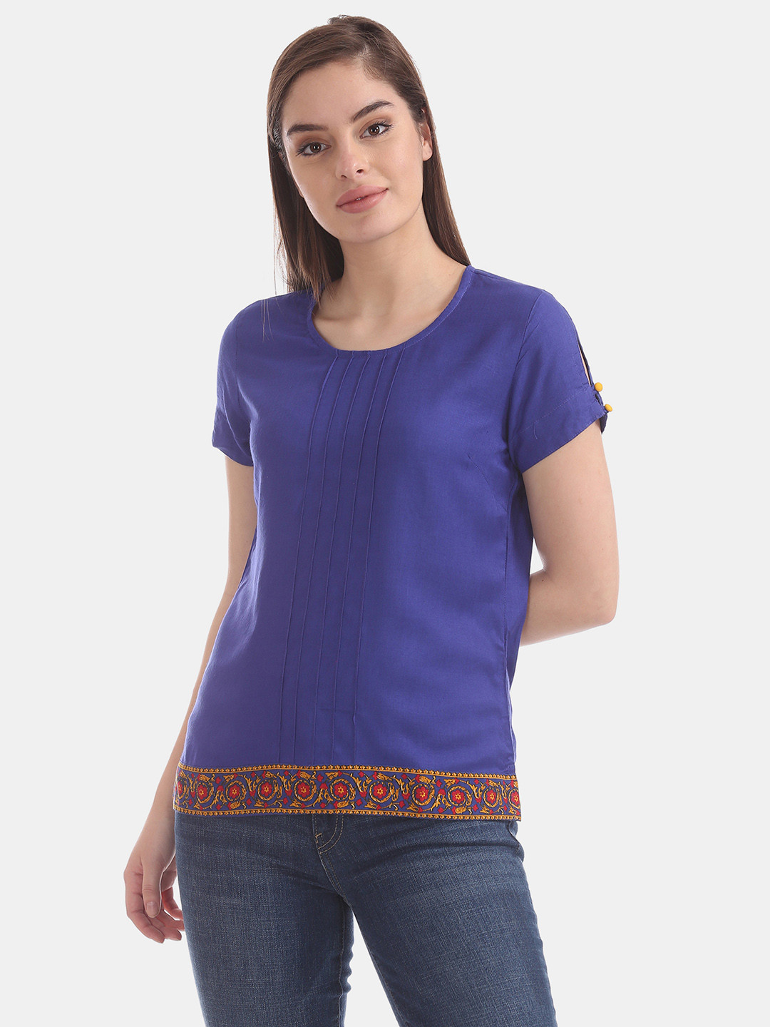 

Bronz Women Blue Solid Pleated Top