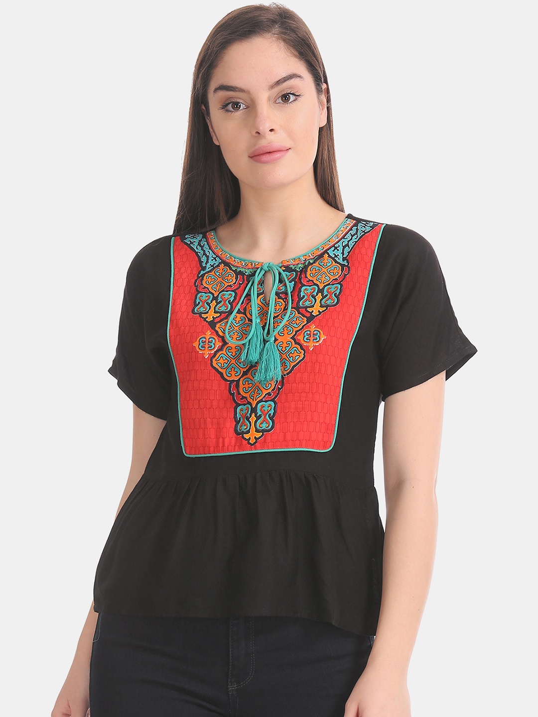 

Bronz Women Black & Orange Printed A-Line Top