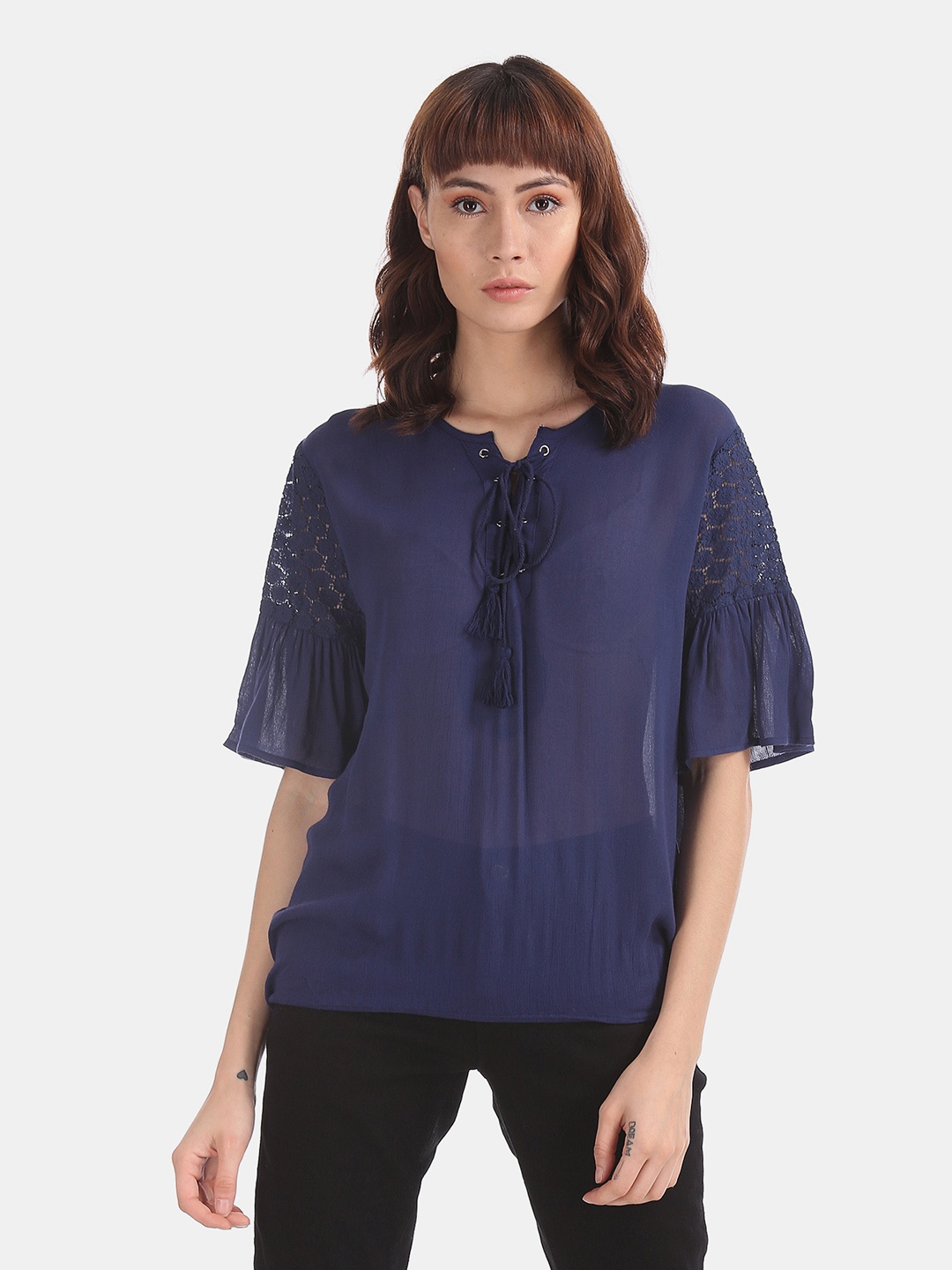 

Sugr Women Navy Blue Solid Sheer Top