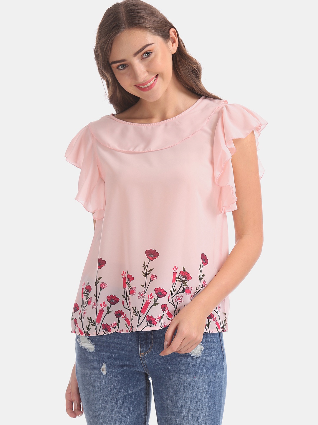 

Sugr Women Pink Semi Sheer Floral Print Detail Top