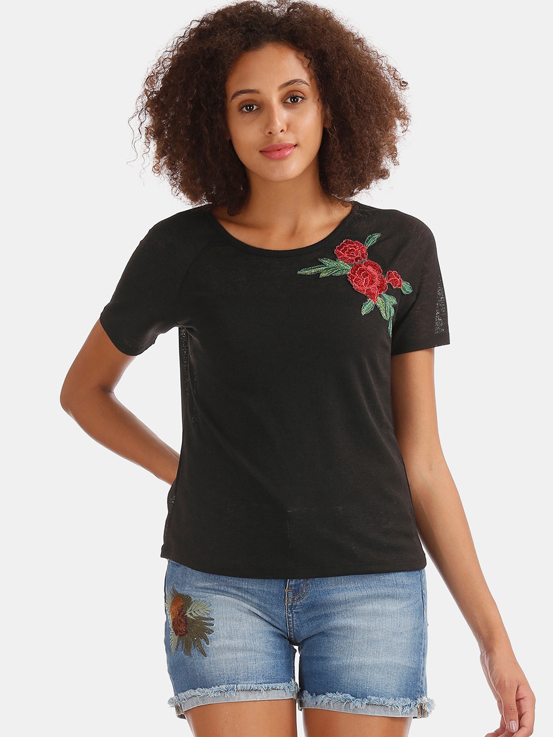 

Sugr Women Black Semi Sheer Solid T-Shirt