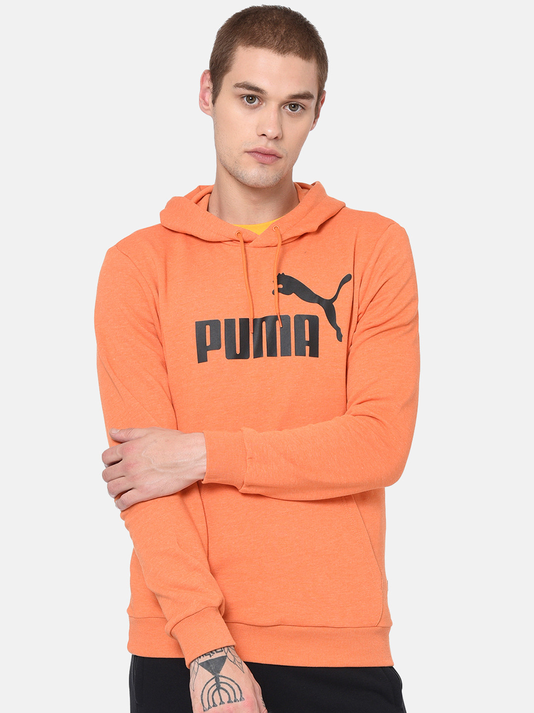 

Puma Men Orange Brand Logo Printed ESS+ Hooded Sweatshirt