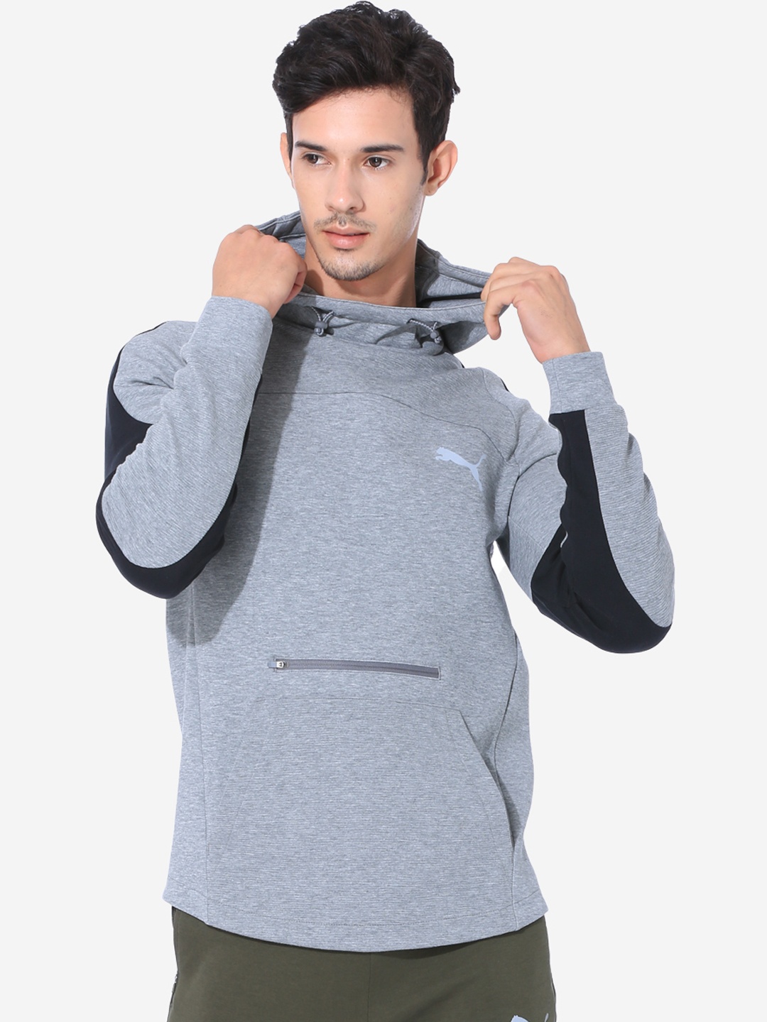 

Puma Men Grey Melange Colourblocked Evostripe Hooded Sweatshirt