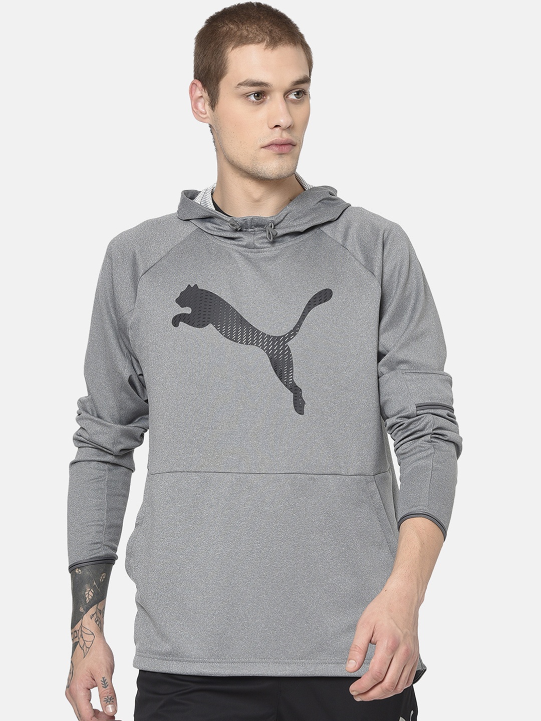 

Puma Men Grey Melange Brand Logo Printed Tec Sports Cat Hooded Sweatshirt