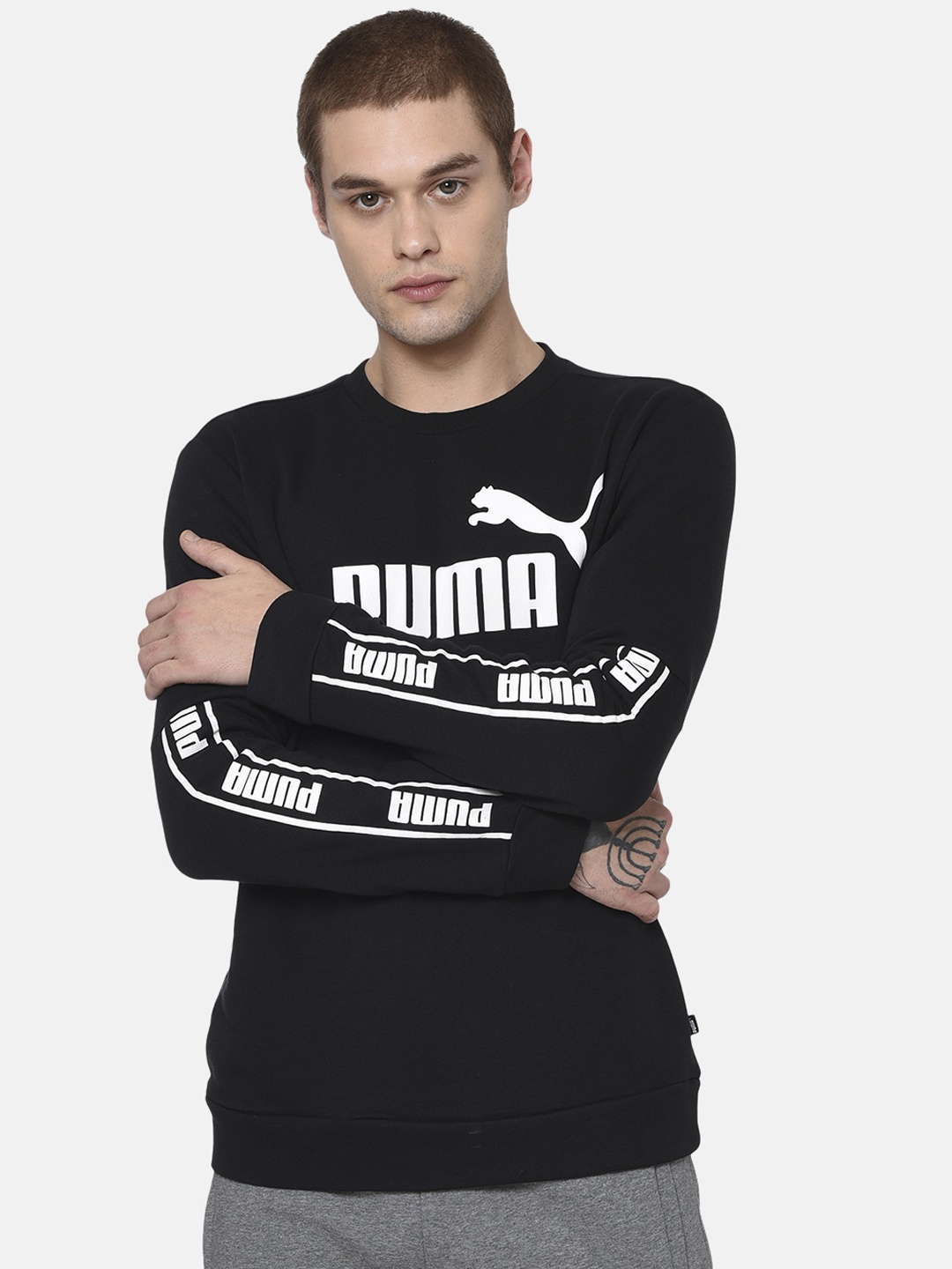 

Puma Men Black & White Printed Amplified Crew TR Pullover