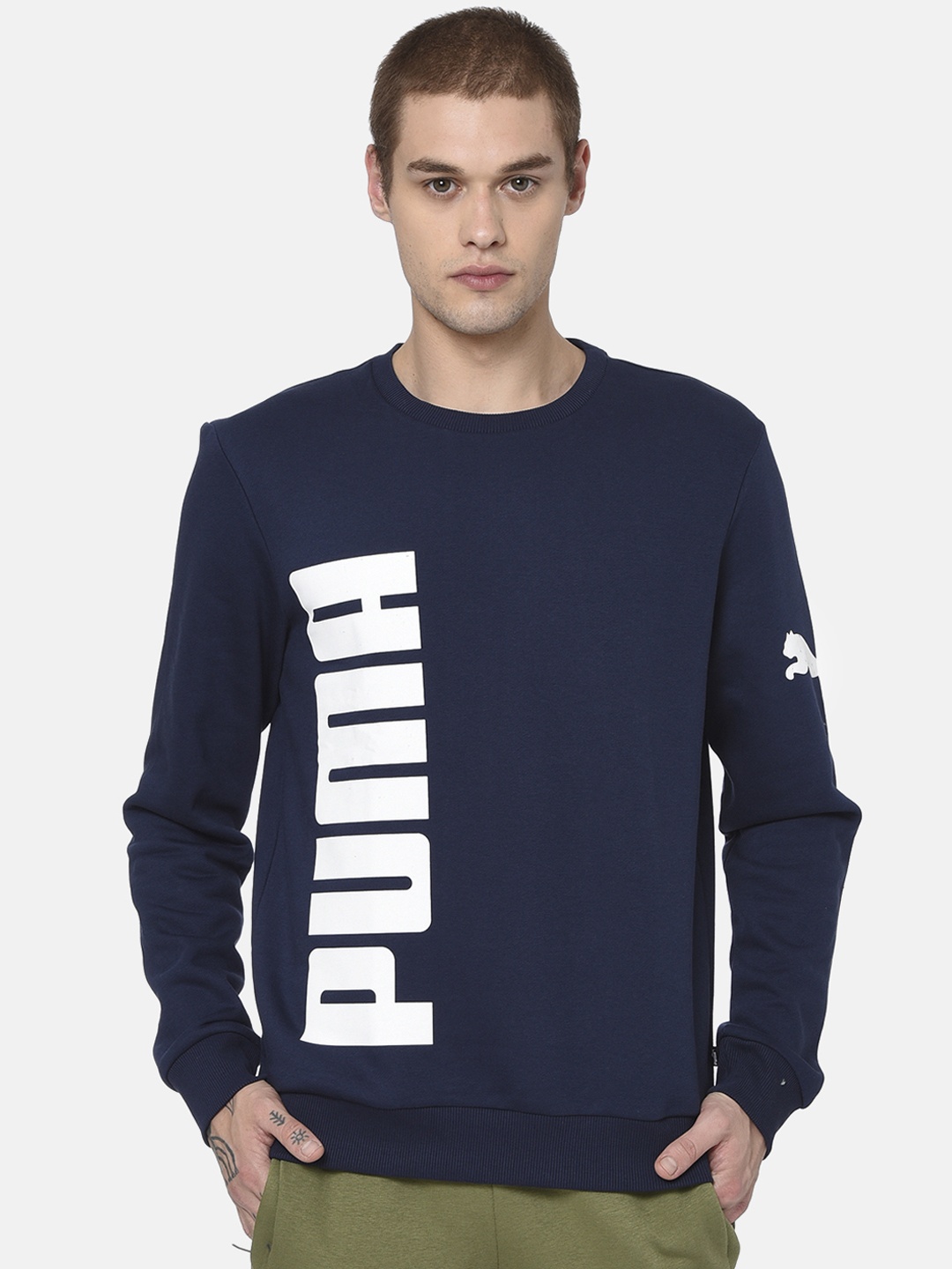 

Puma Men Navy Blue Printed Pullover Big Logo Crew FL Sweater