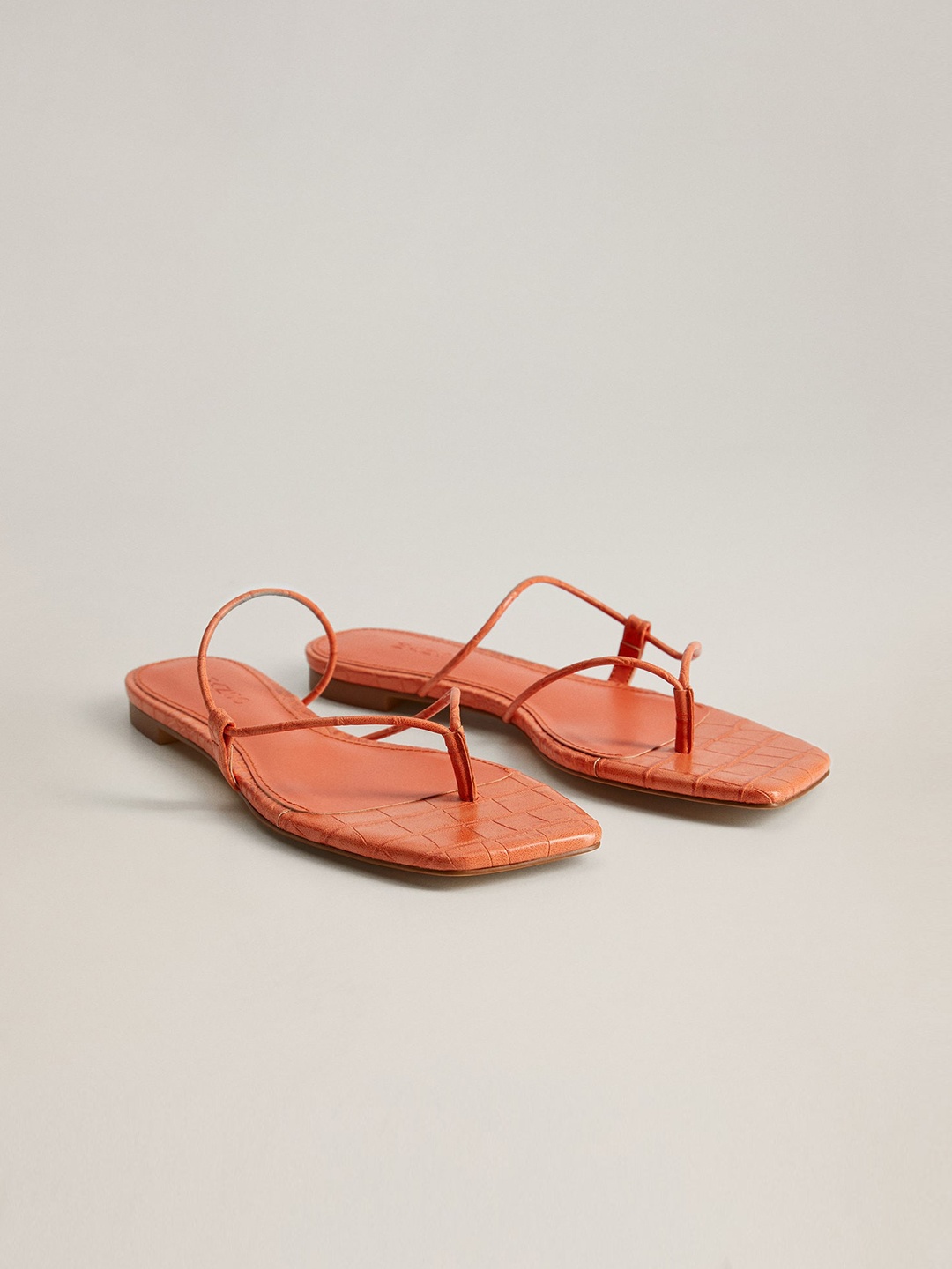 

MANGO Women Orange Croc Textured Open Toe Flats