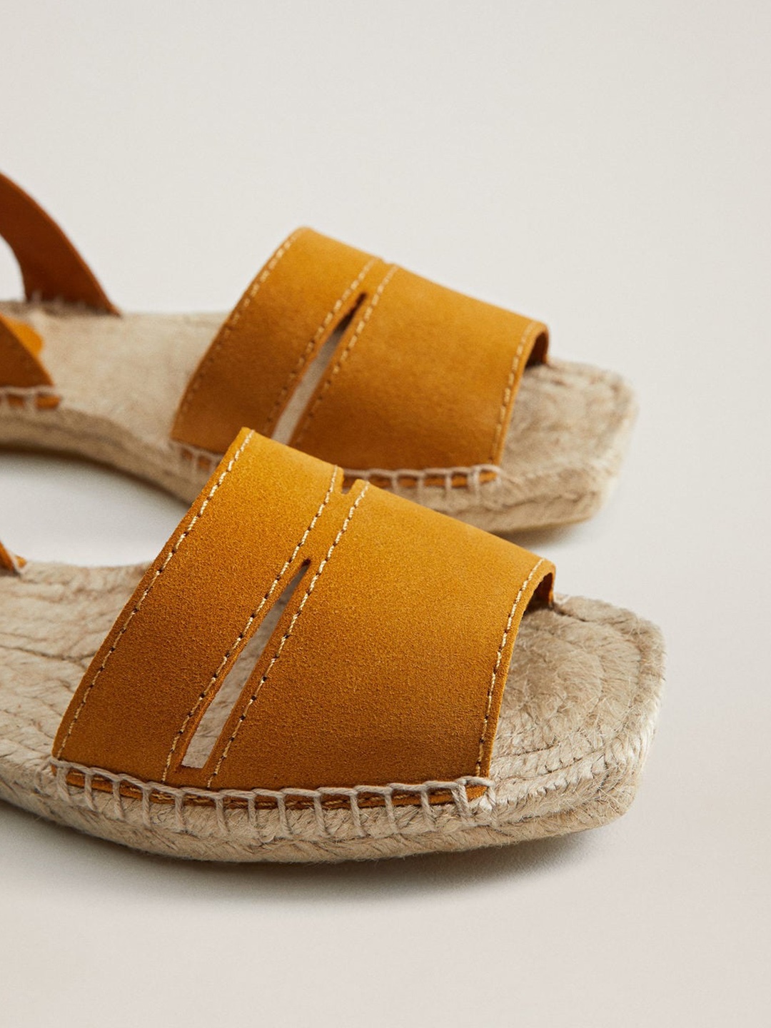

MANGO Women Mustard Yellow Solid Leather Open Toe Espadrille Flats